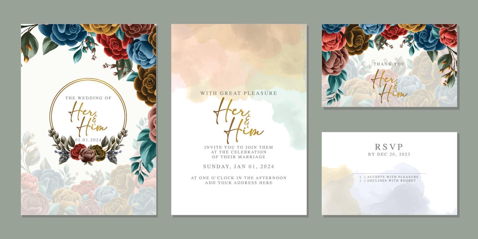 plantilla de fondo de tarjeta de invitación de boda de flores hermosas de lujo vector