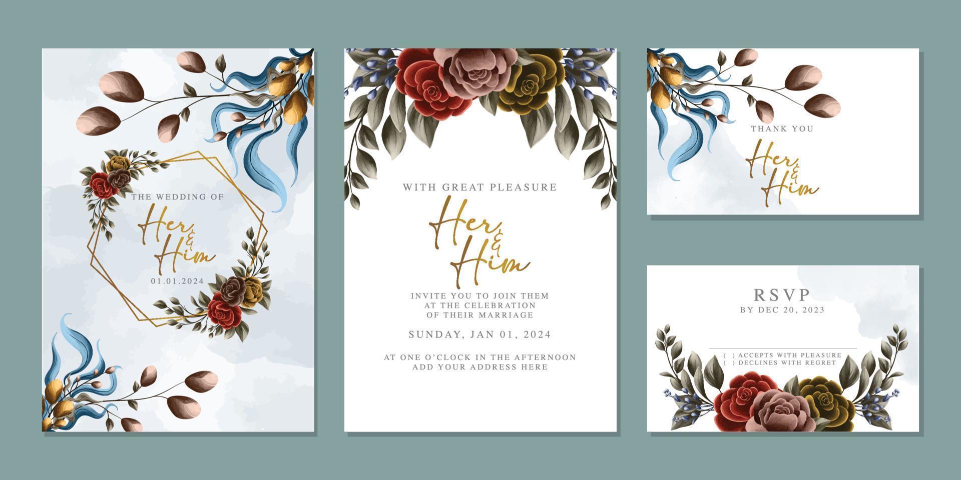 plantilla de fondo de tarjeta de invitación de boda de flores hermosas de lujo vector