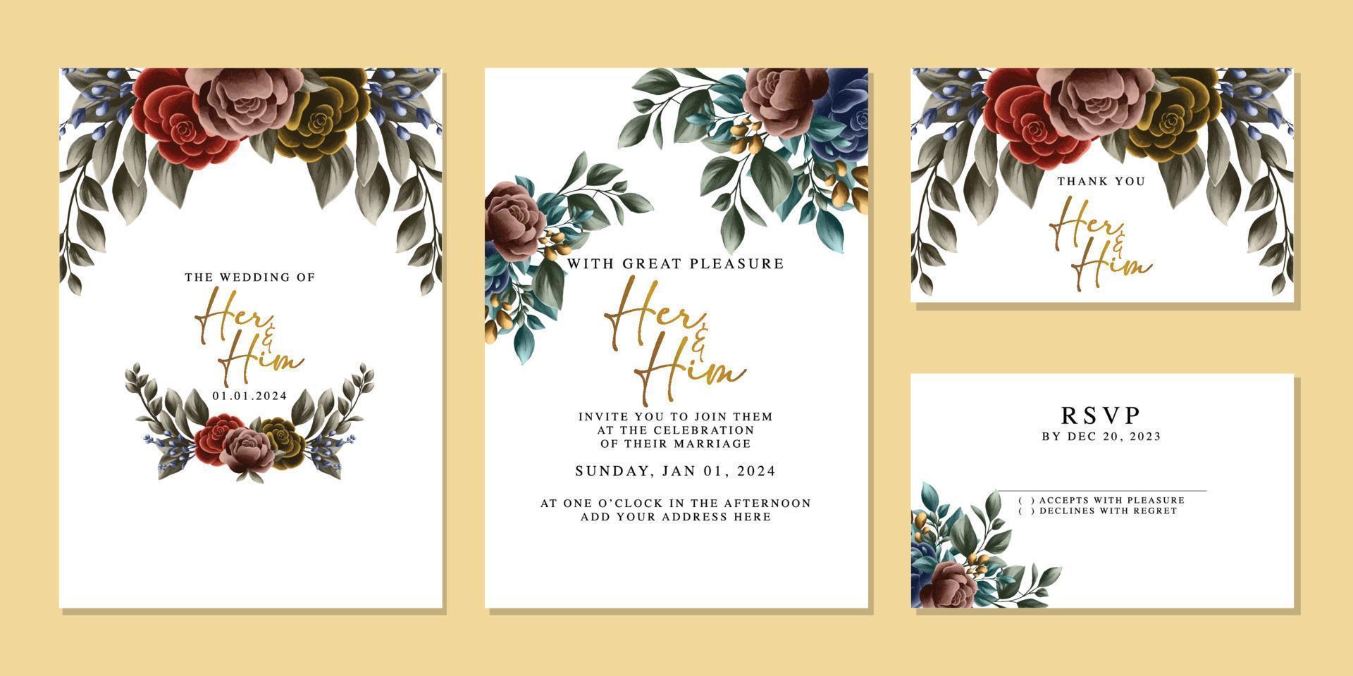 Luxury beautiful flowers wedding invitation card background template vector
