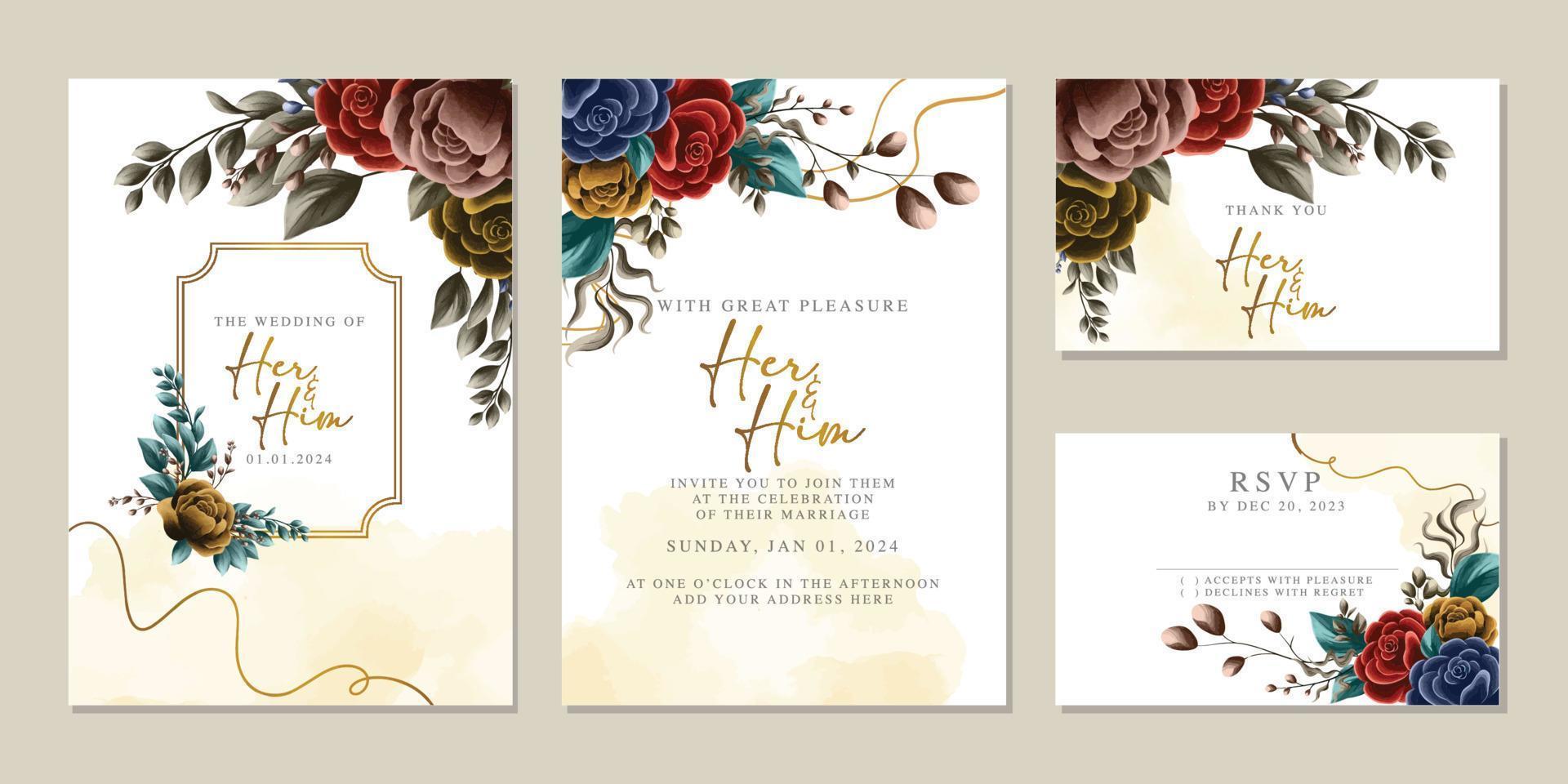 Luxury beautiful flowers wedding invitation card background template vector