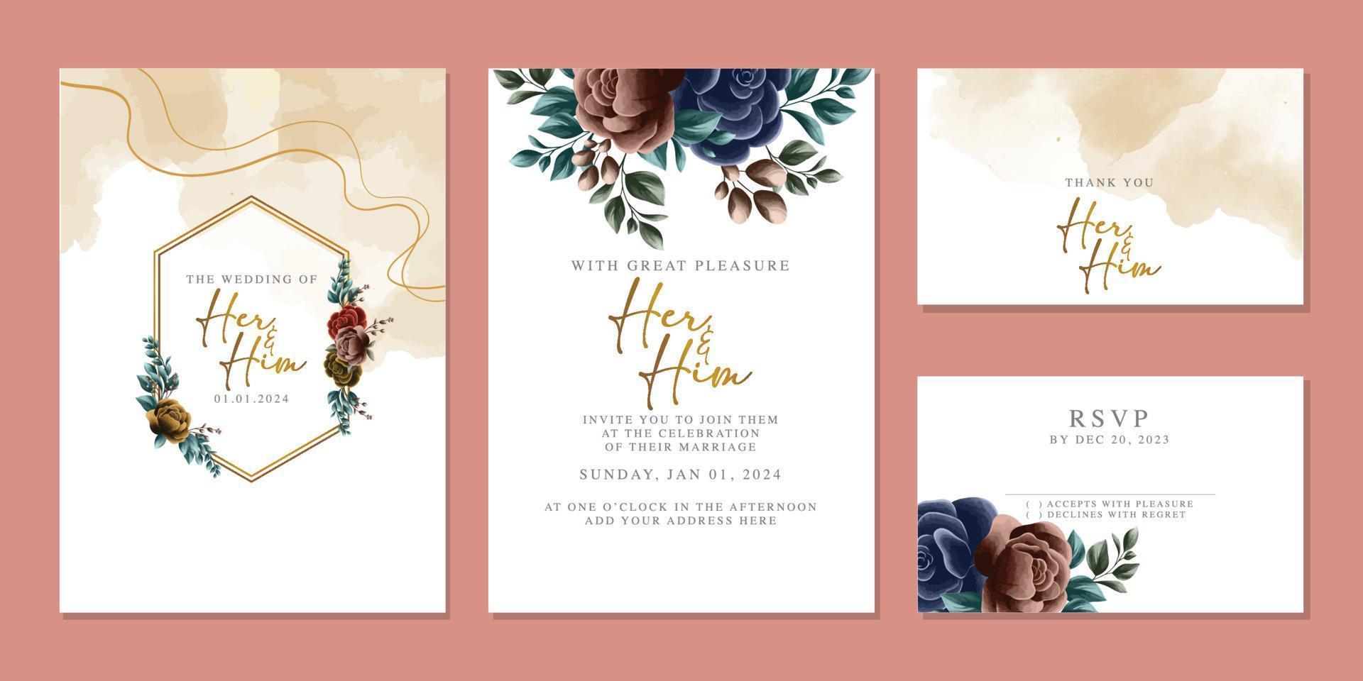 plantilla de fondo de tarjeta de invitación de boda de flores hermosas de lujo vector