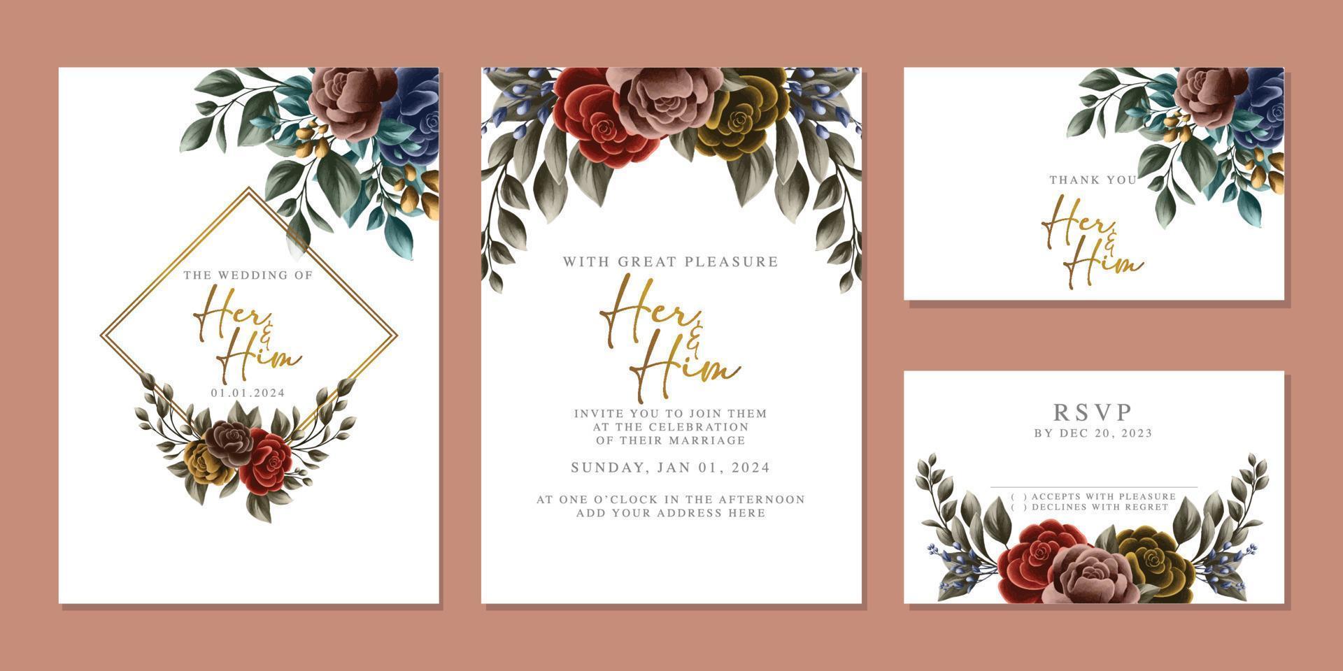 plantilla de fondo de tarjeta de invitación de boda de flores hermosas de lujo vector