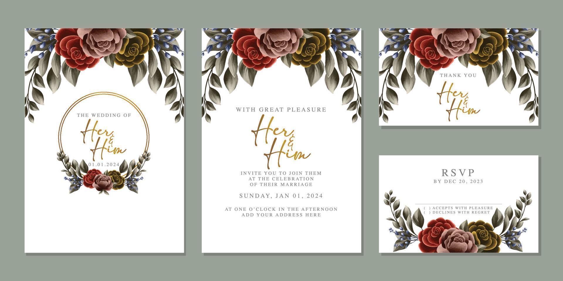 Luxury beautiful flowers wedding invitation card background template vector