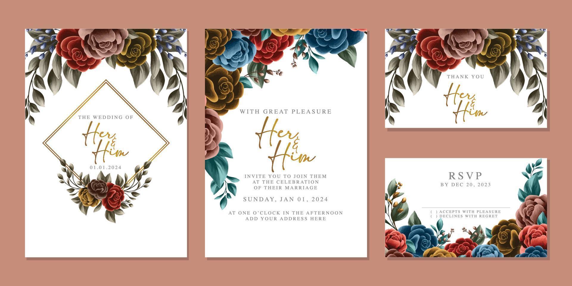 plantilla de fondo de tarjeta de invitación de boda de flores hermosas de lujo vector