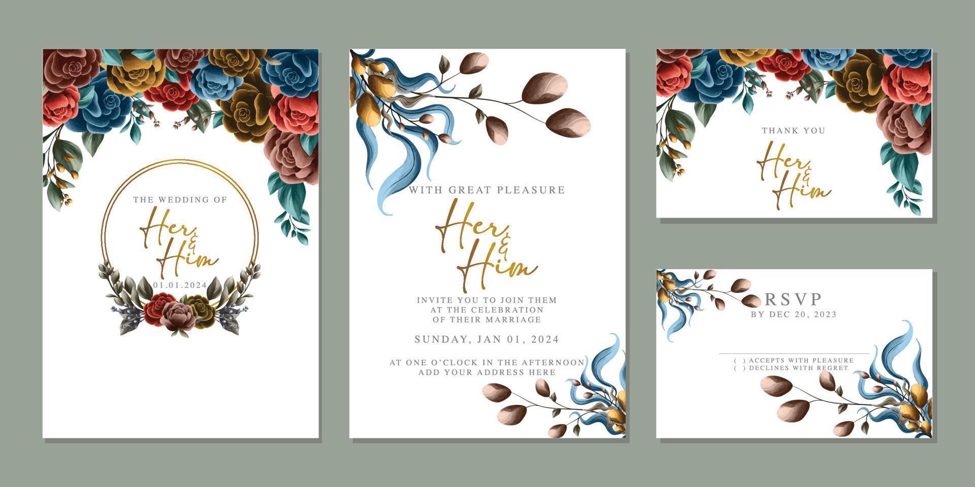 Luxury beautiful flowers wedding invitation card background template vector