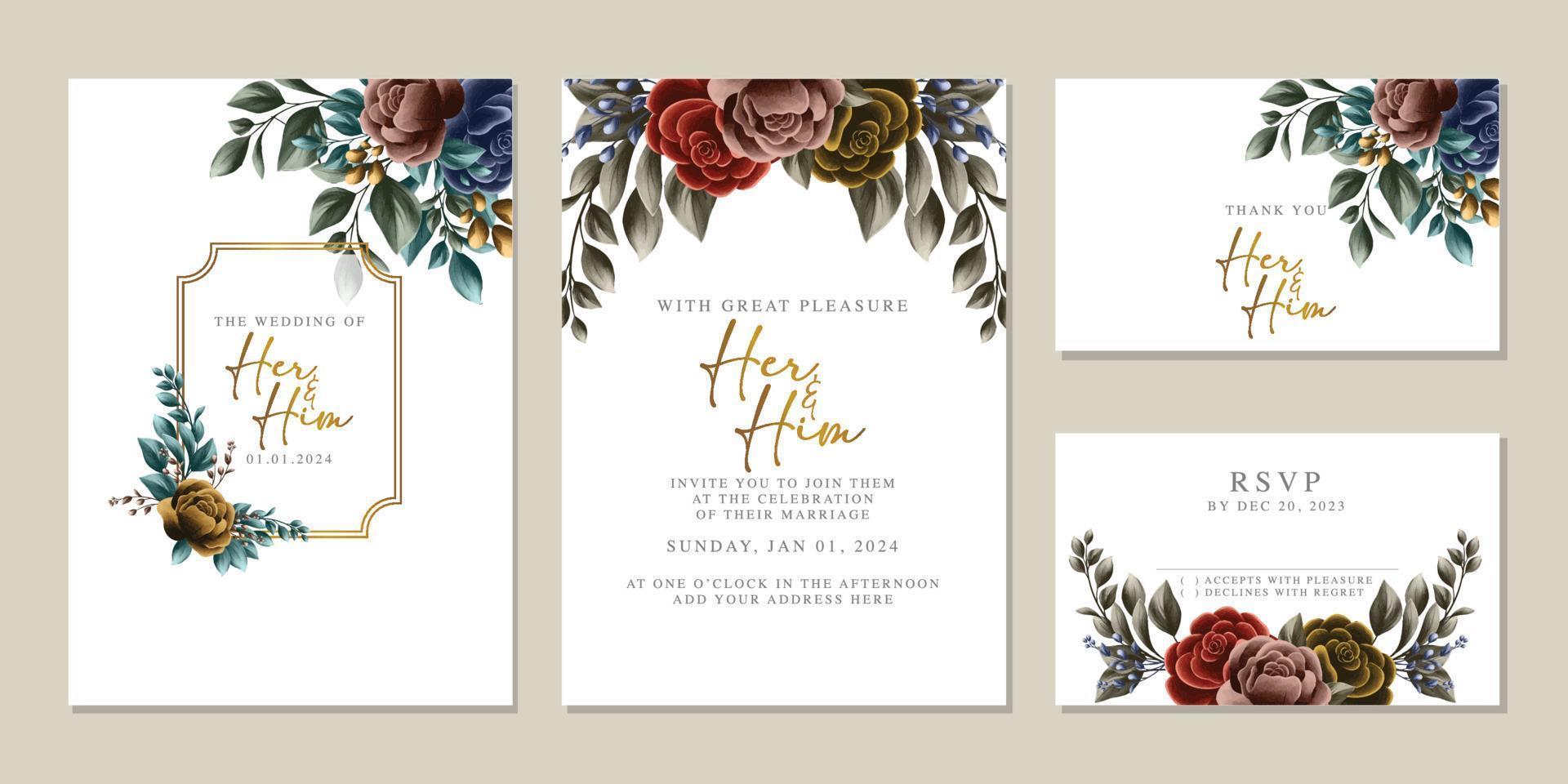 plantilla de fondo de tarjeta de invitación de boda de flores hermosas de lujo vector