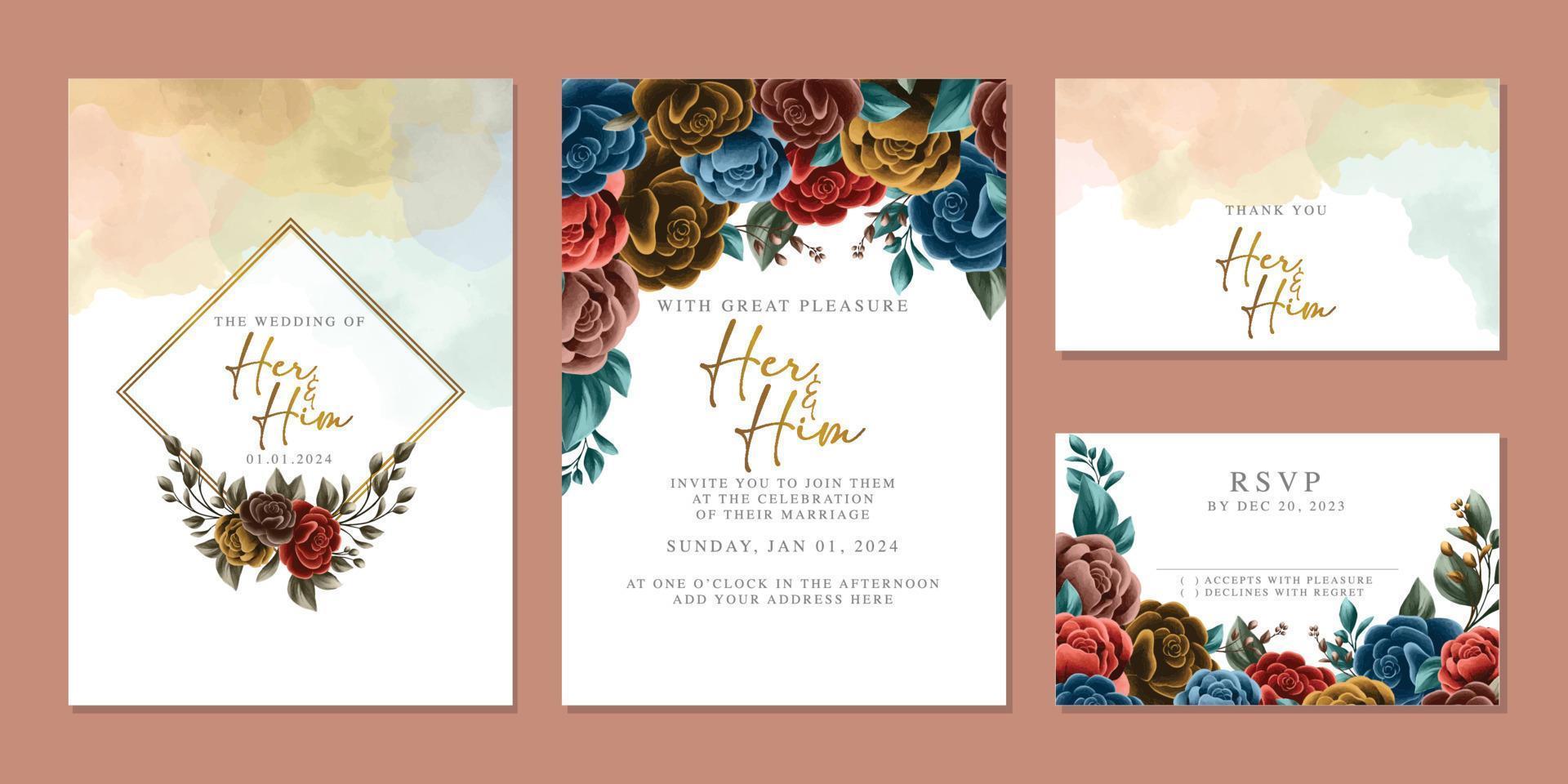 plantilla de fondo de tarjeta de invitación de boda de flores hermosas de lujo vector