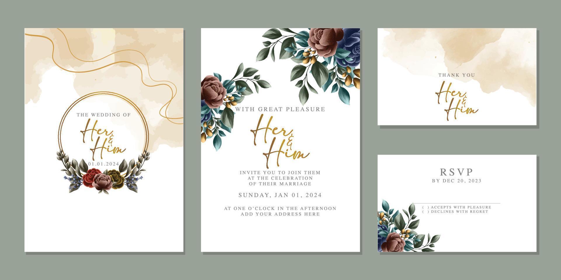 plantilla de fondo de tarjeta de invitación de boda de flores hermosas de lujo vector