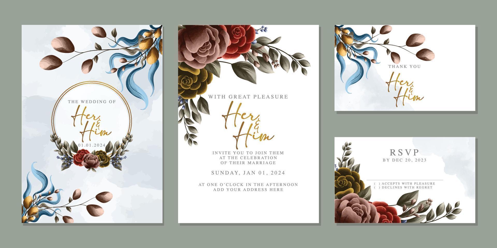 plantilla de fondo de tarjeta de invitación de boda de flores hermosas de lujo vector