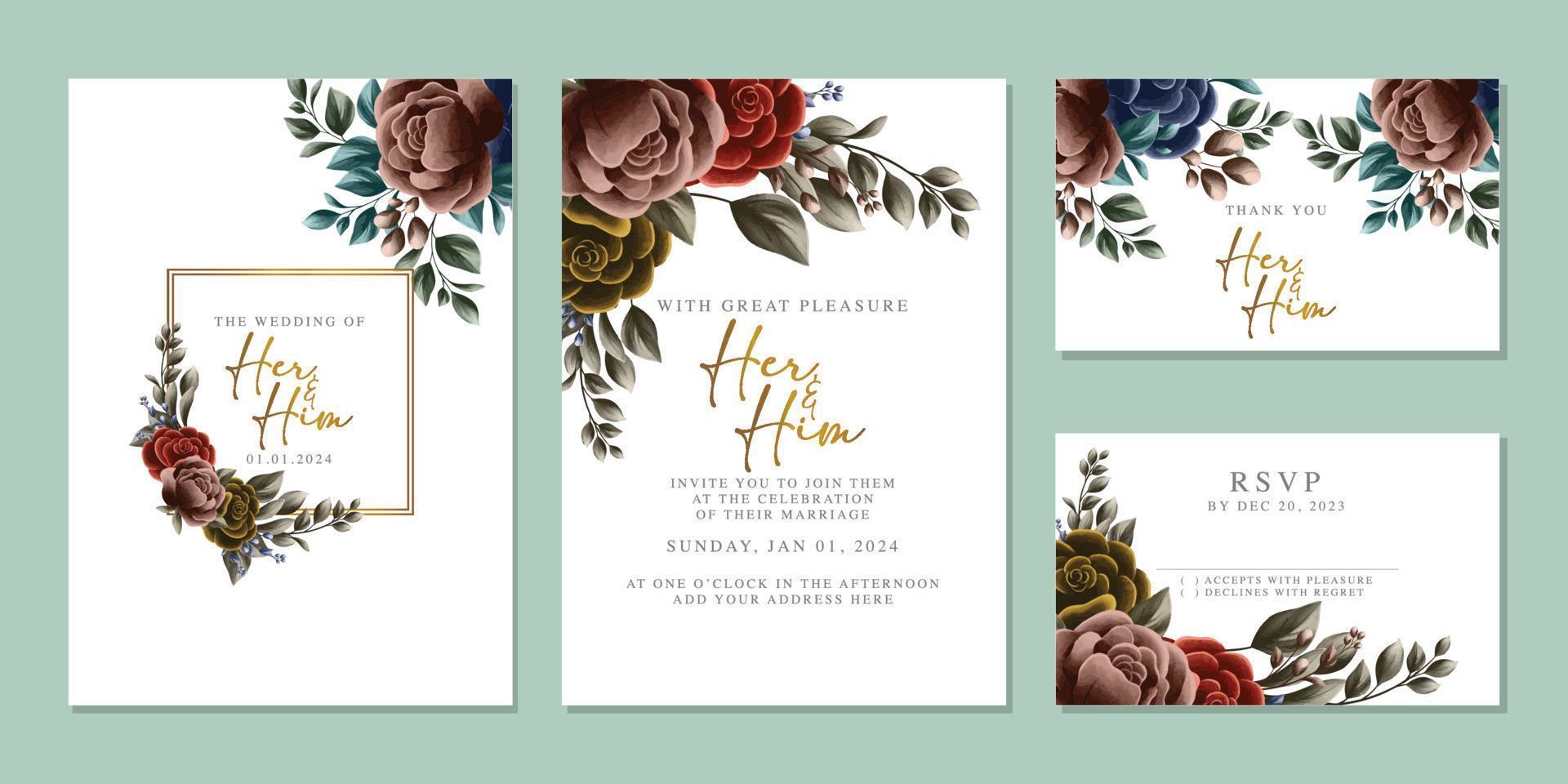 Luxury beautiful flowers wedding invitation card background template vector