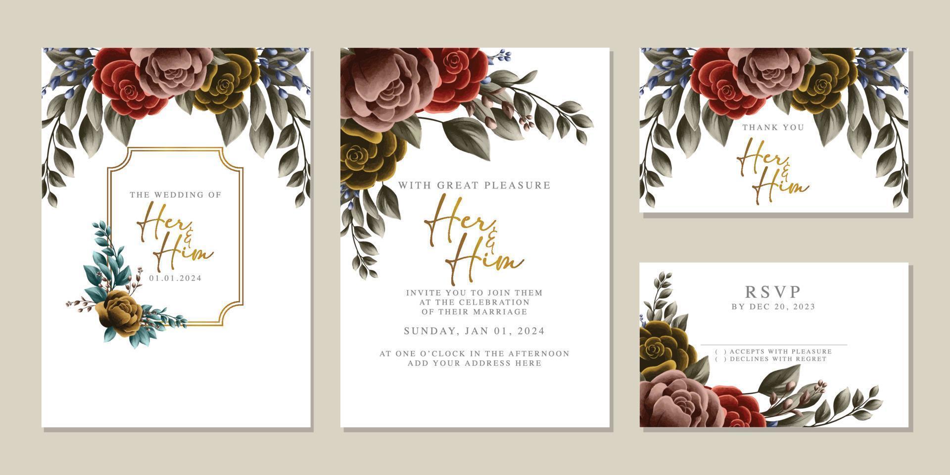 plantilla de fondo de tarjeta de invitación de boda de flores hermosas de lujo vector