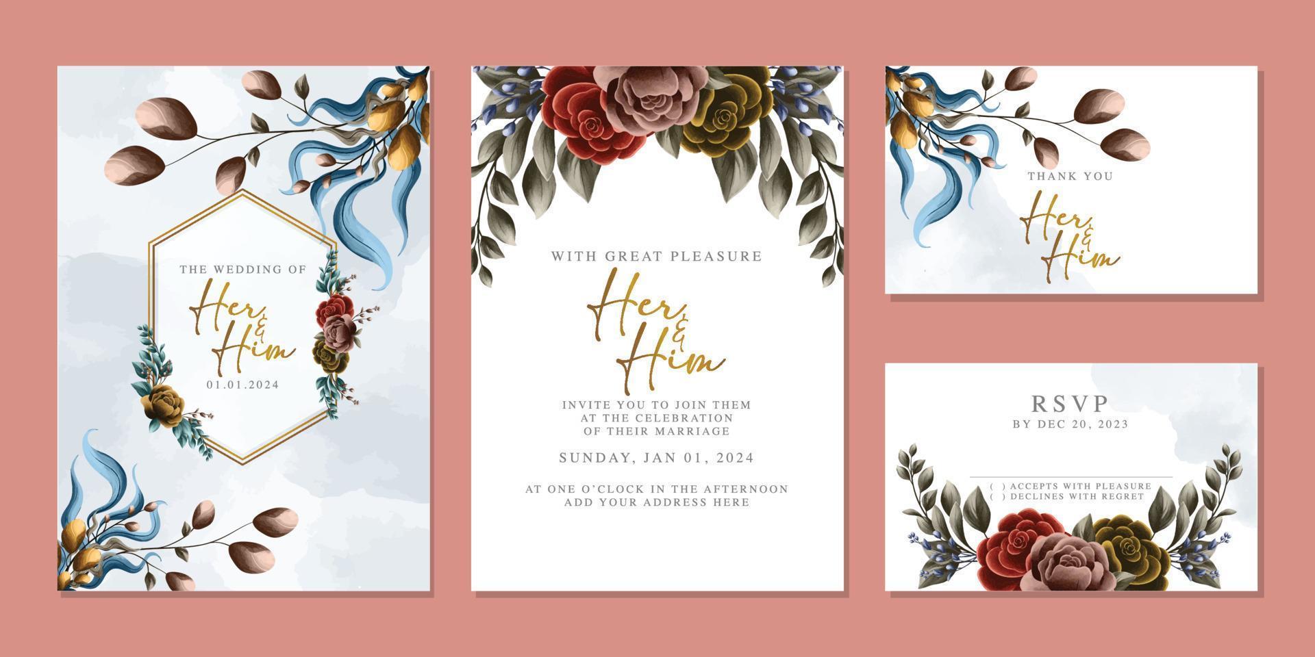 Luxury beautiful flowers wedding invitation card background template vector