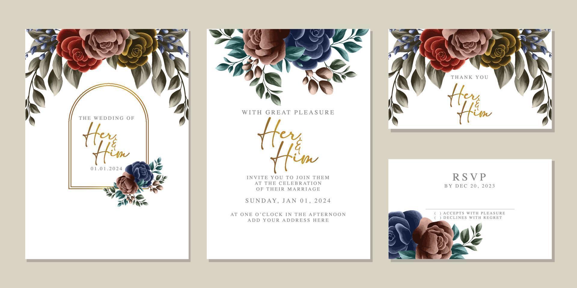 plantilla de fondo de tarjeta de invitación de boda de flores hermosas de lujo vector