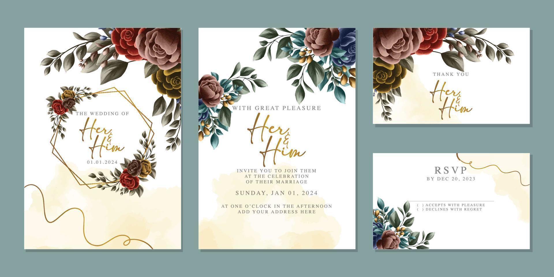 plantilla de fondo de tarjeta de invitación de boda de flores hermosas de lujo vector