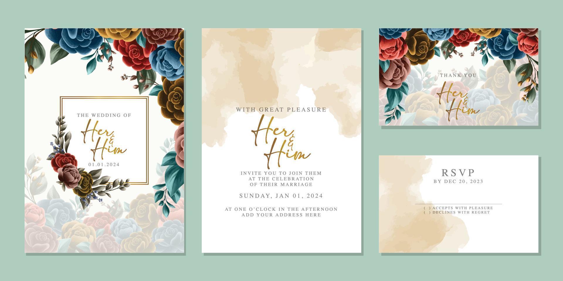 plantilla de fondo de tarjeta de invitación de boda de flores hermosas de lujo vector