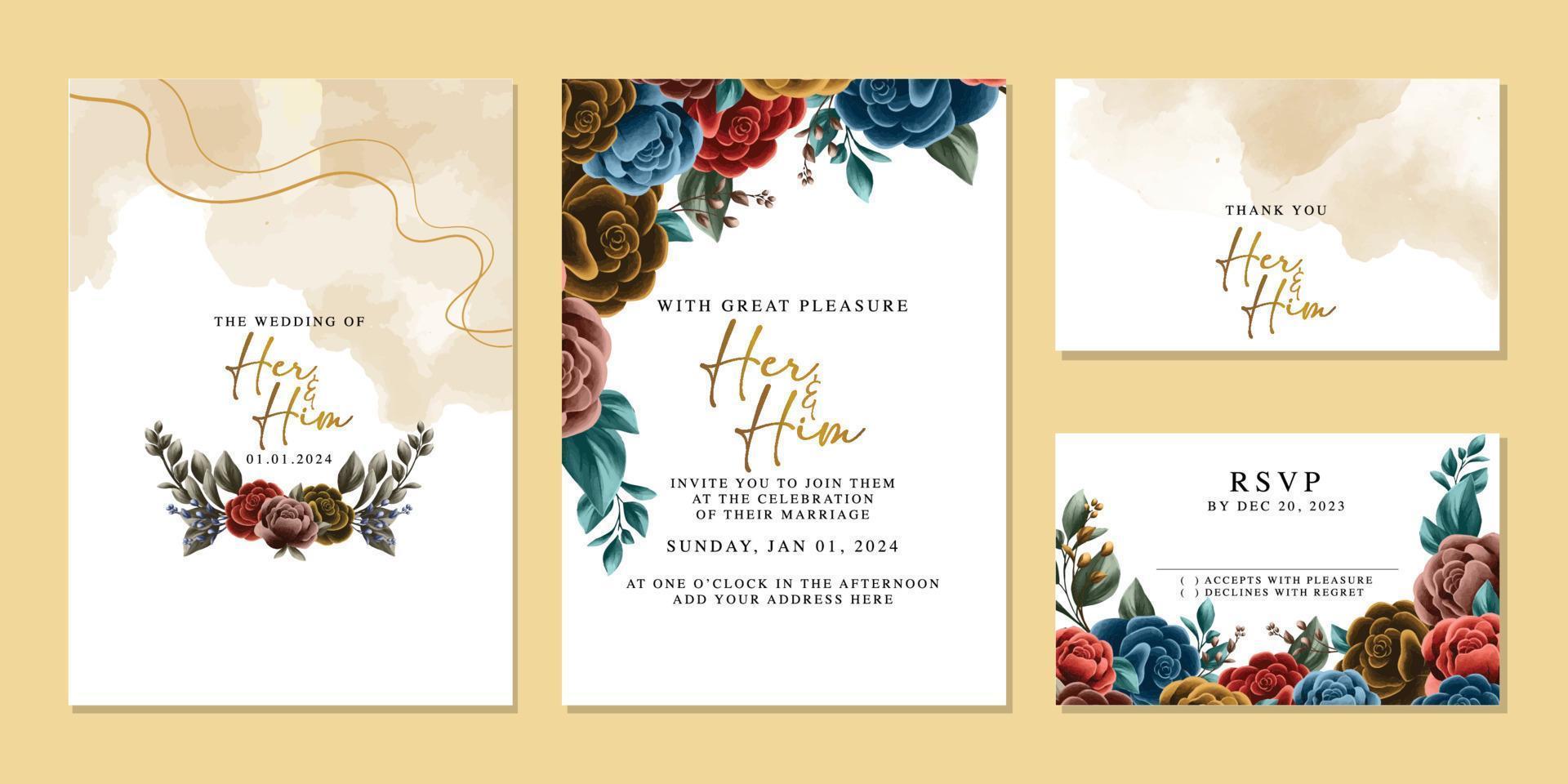 plantilla de fondo de tarjeta de invitación de boda de flores hermosas de lujo vector