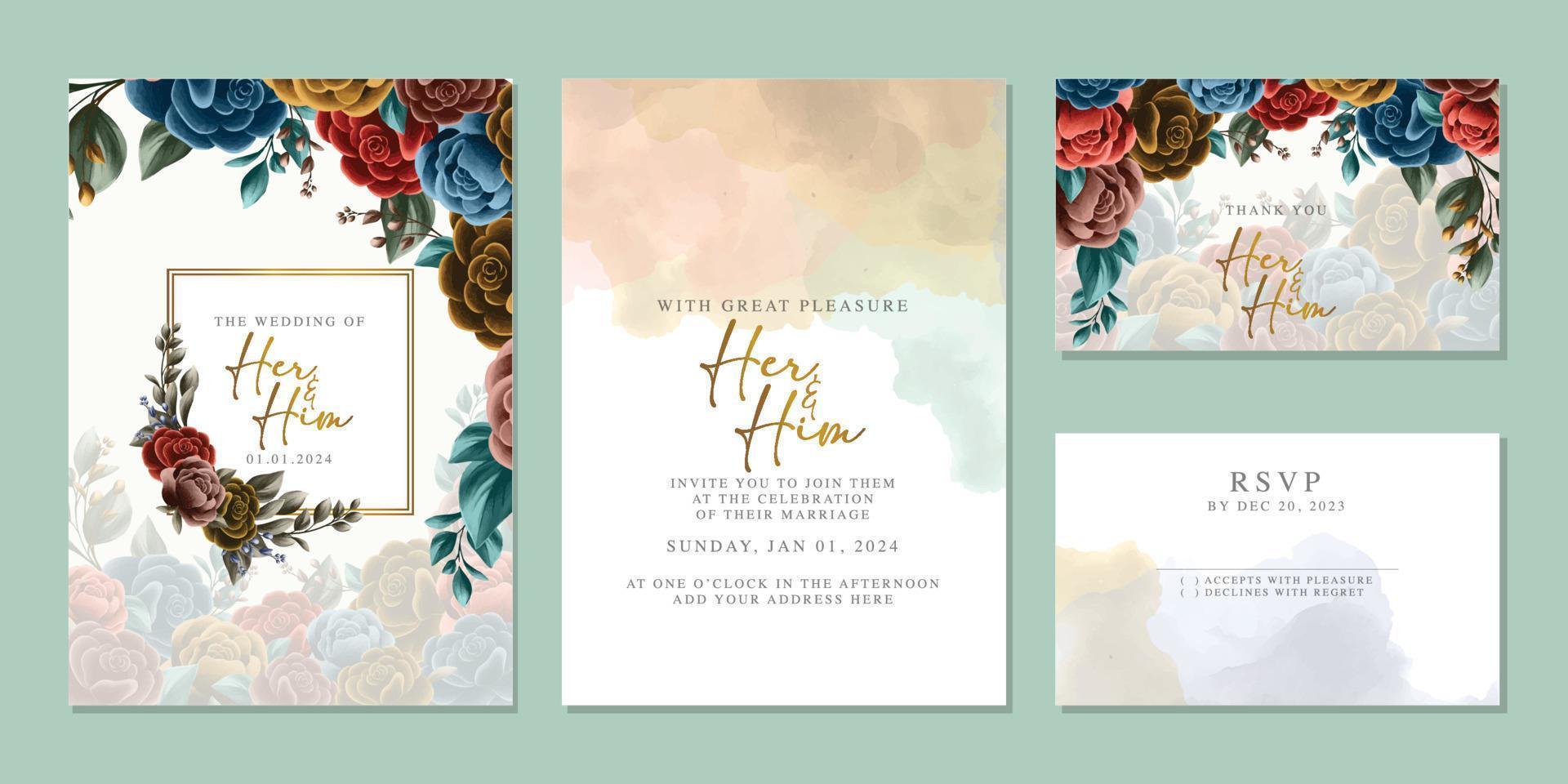 plantilla de fondo de tarjeta de invitación de boda de flores hermosas de lujo vector