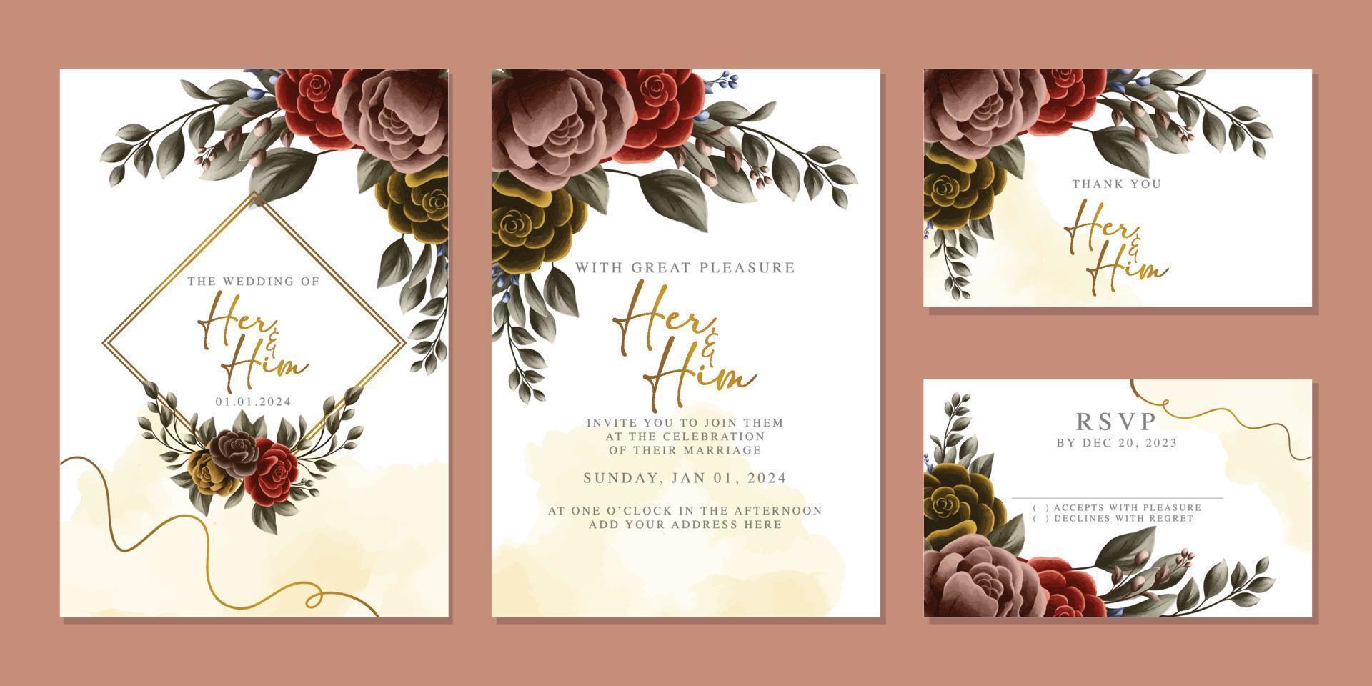 Luxury beautiful flowers wedding invitation card background template vector