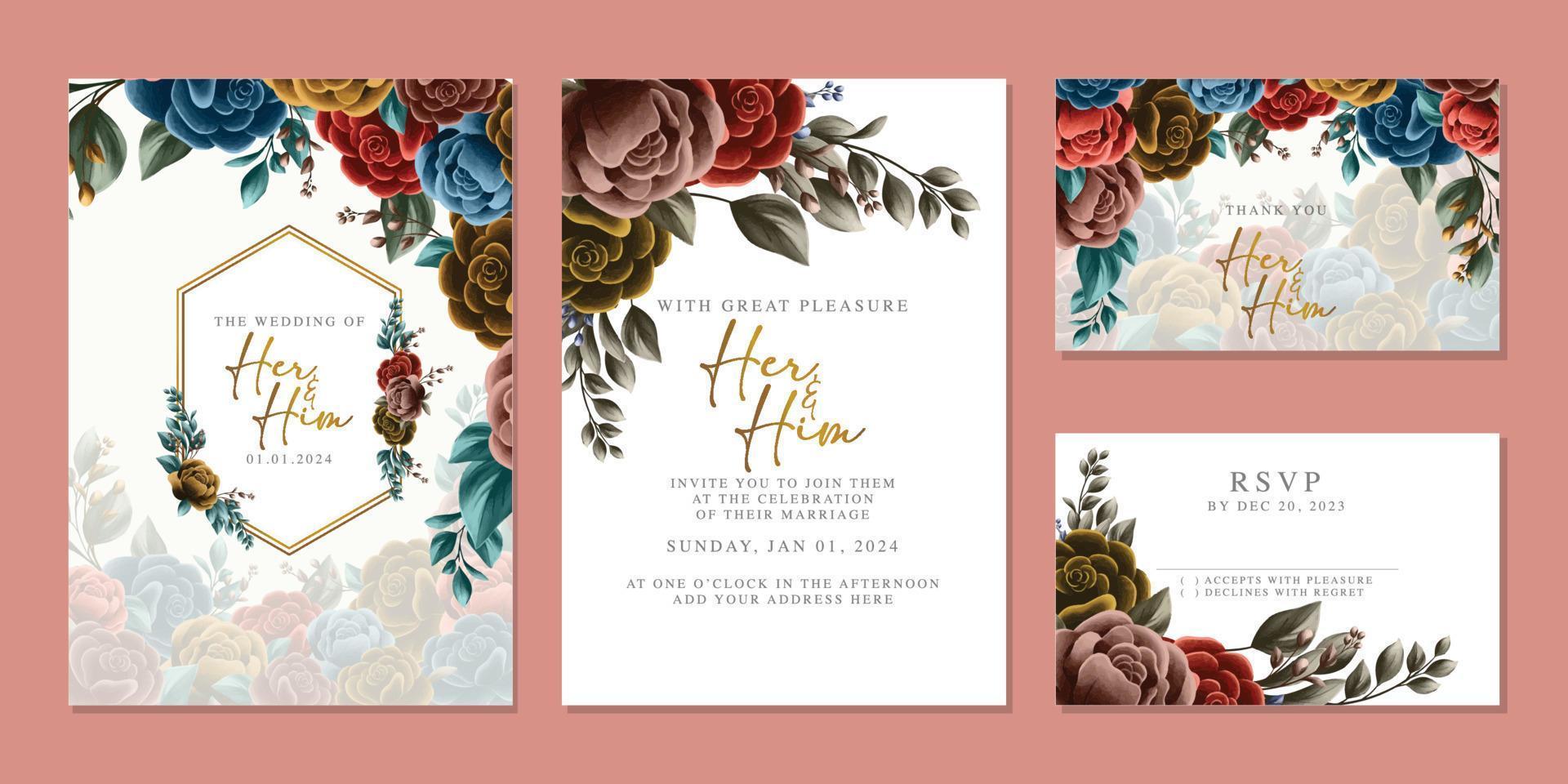 plantilla de fondo de tarjeta de invitación de boda de flores hermosas de lujo vector