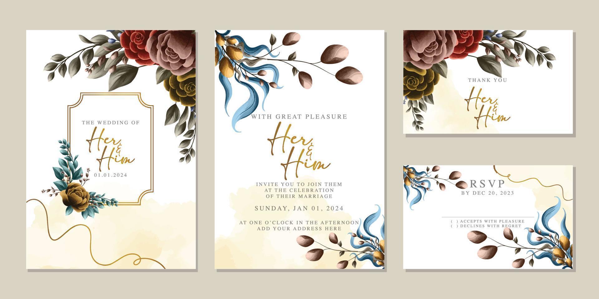 Luxury beautiful flowers wedding invitation card background template vector