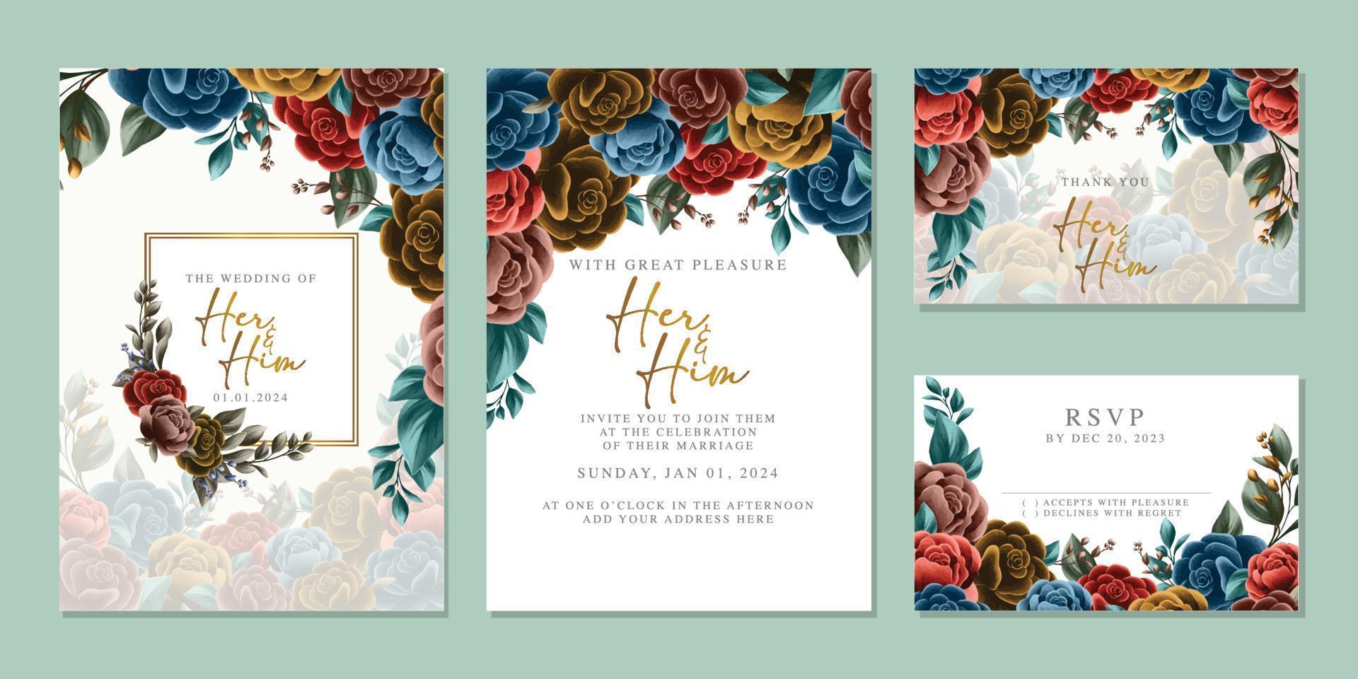 plantilla de fondo de tarjeta de invitación de boda de flores hermosas de lujo vector