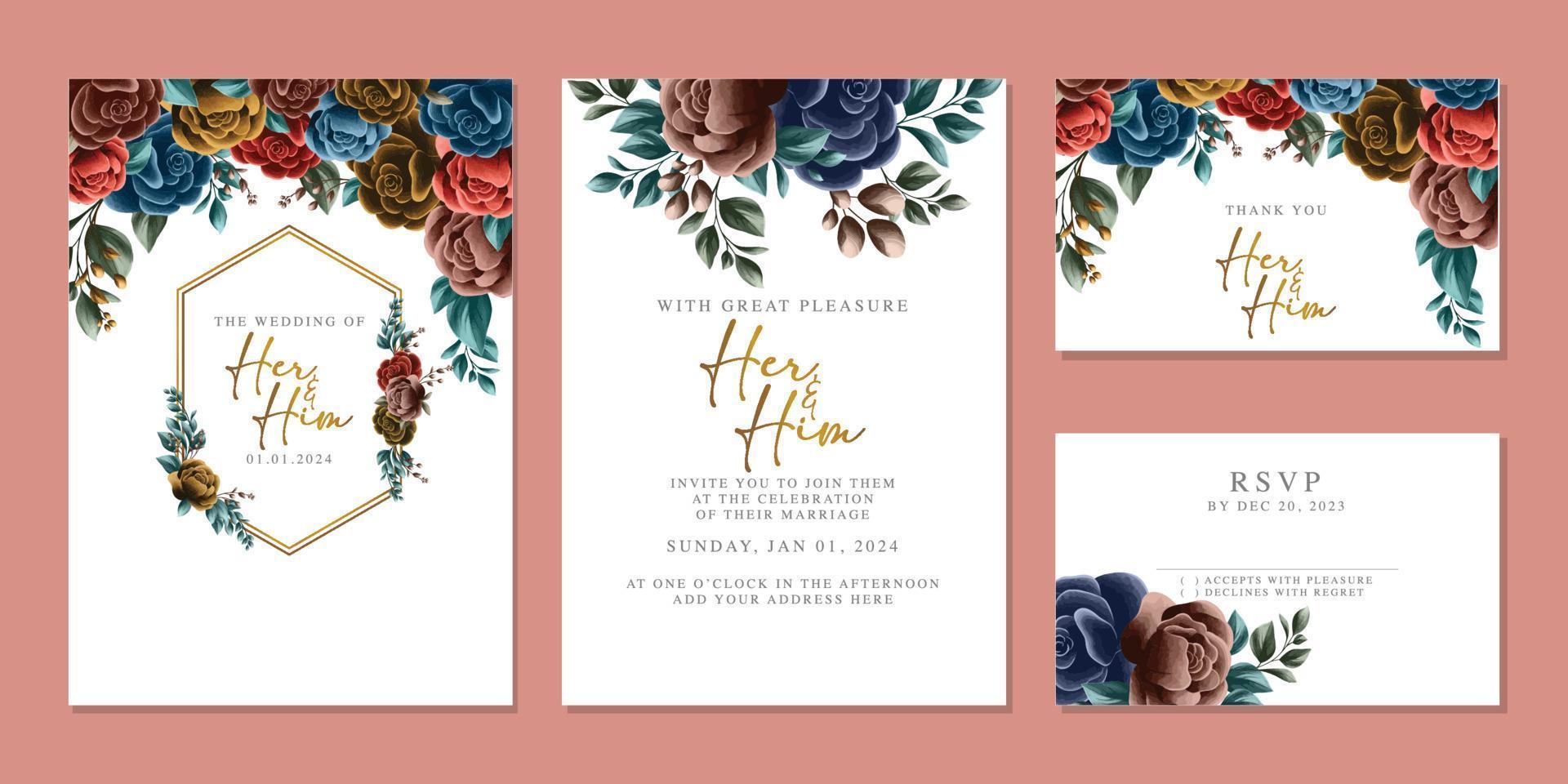 plantilla de fondo de tarjeta de invitación de boda de flores hermosas de lujo vector