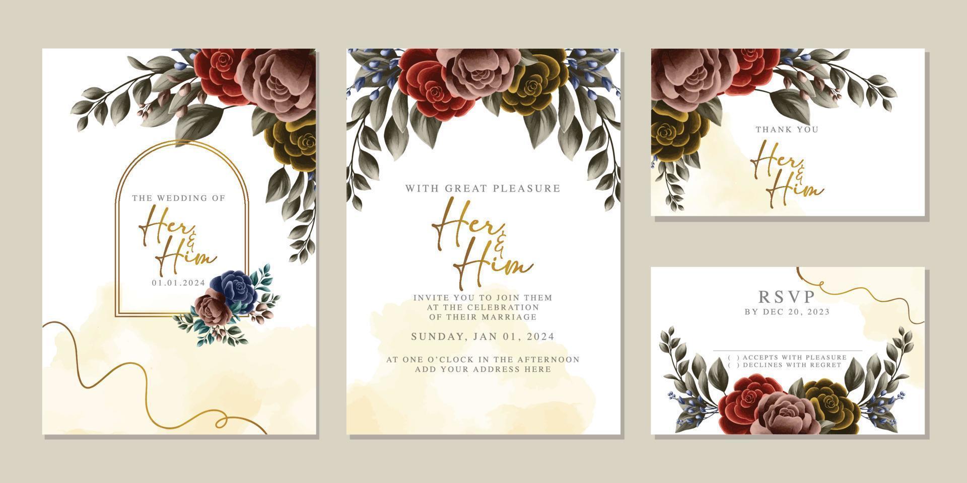 plantilla de fondo de tarjeta de invitación de boda de flores hermosas de lujo vector