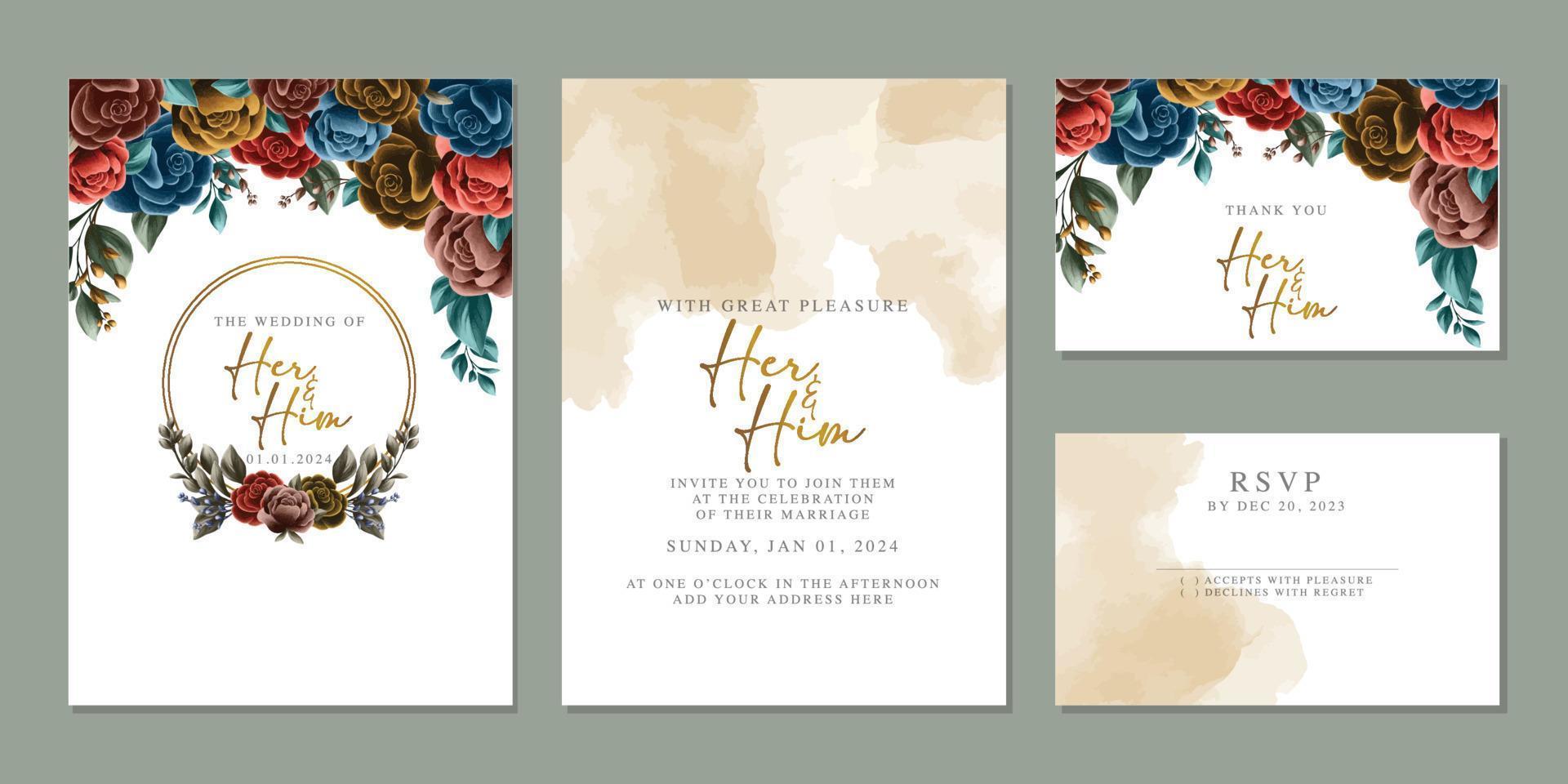 plantilla de fondo de tarjeta de invitación de boda de flores hermosas de lujo vector