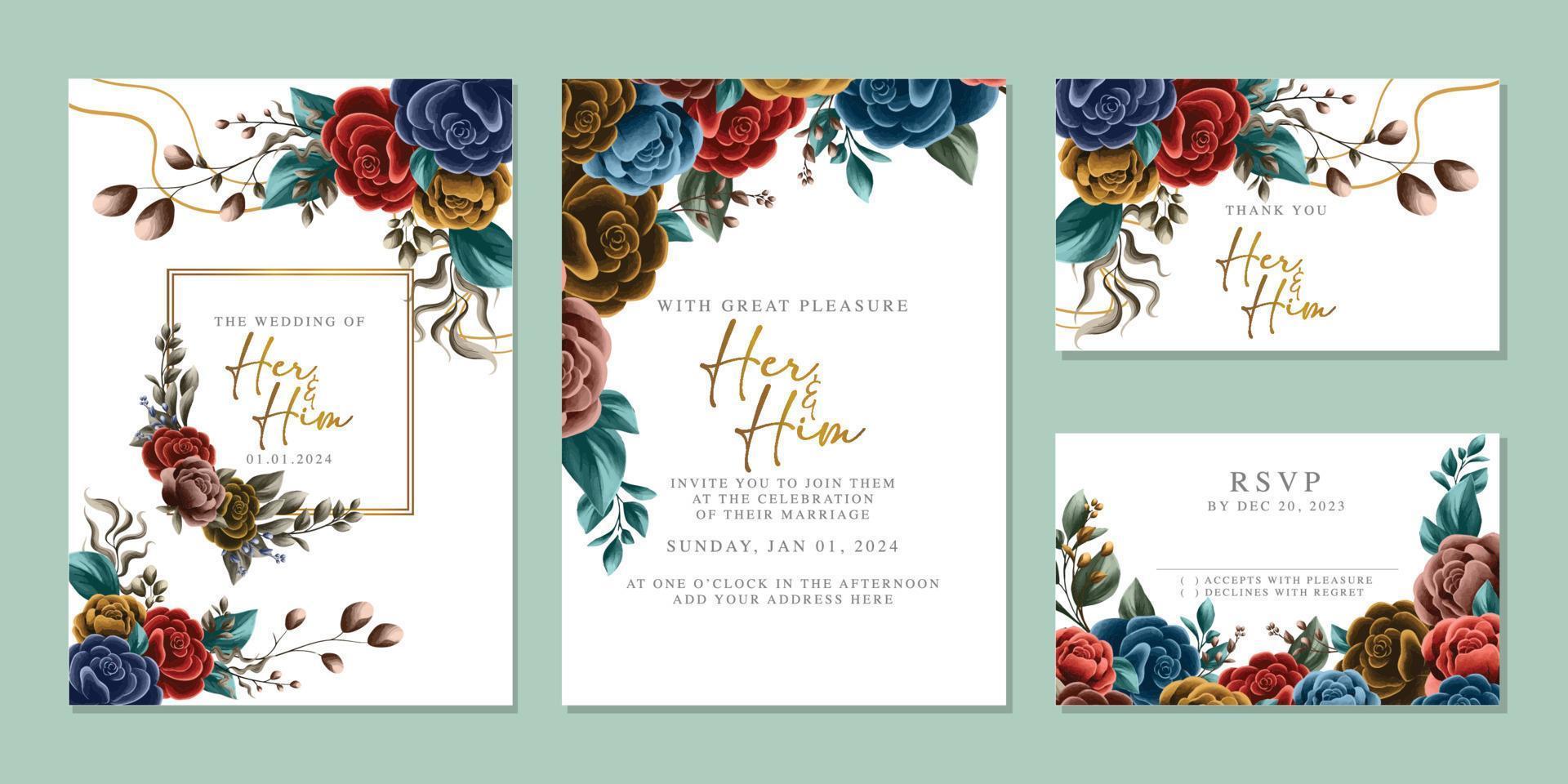 plantilla de fondo de tarjeta de invitación de boda de flores hermosas de lujo vector