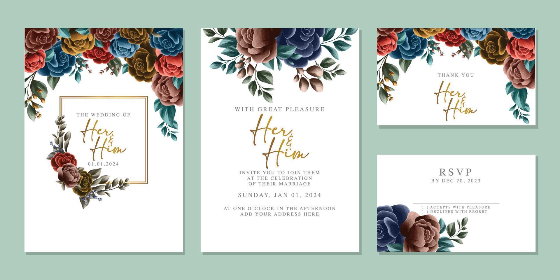 plantilla de fondo de tarjeta de invitación de boda de flores hermosas de lujo vector