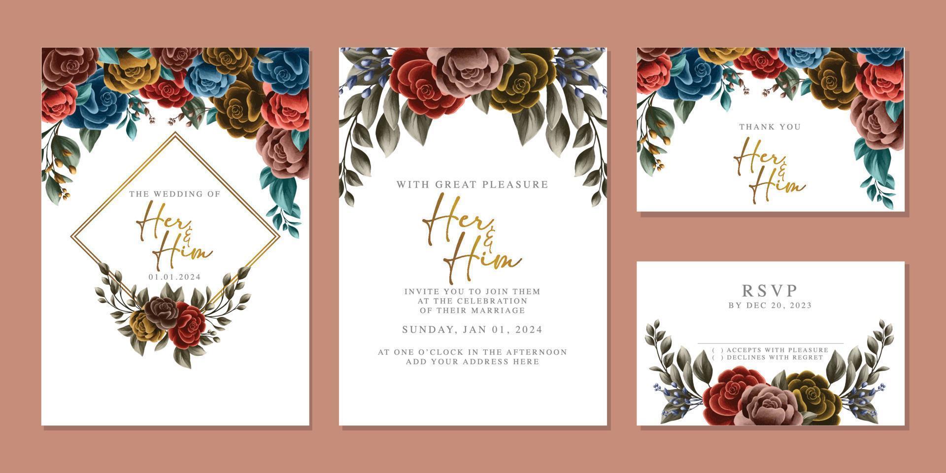 Luxury beautiful flowers wedding invitation card background template vector
