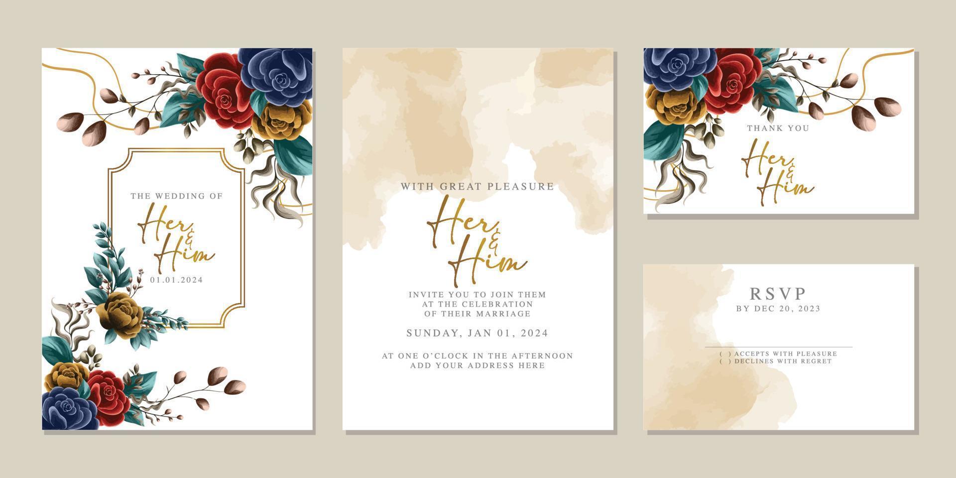 Luxury beautiful flowers wedding invitation card background template vector