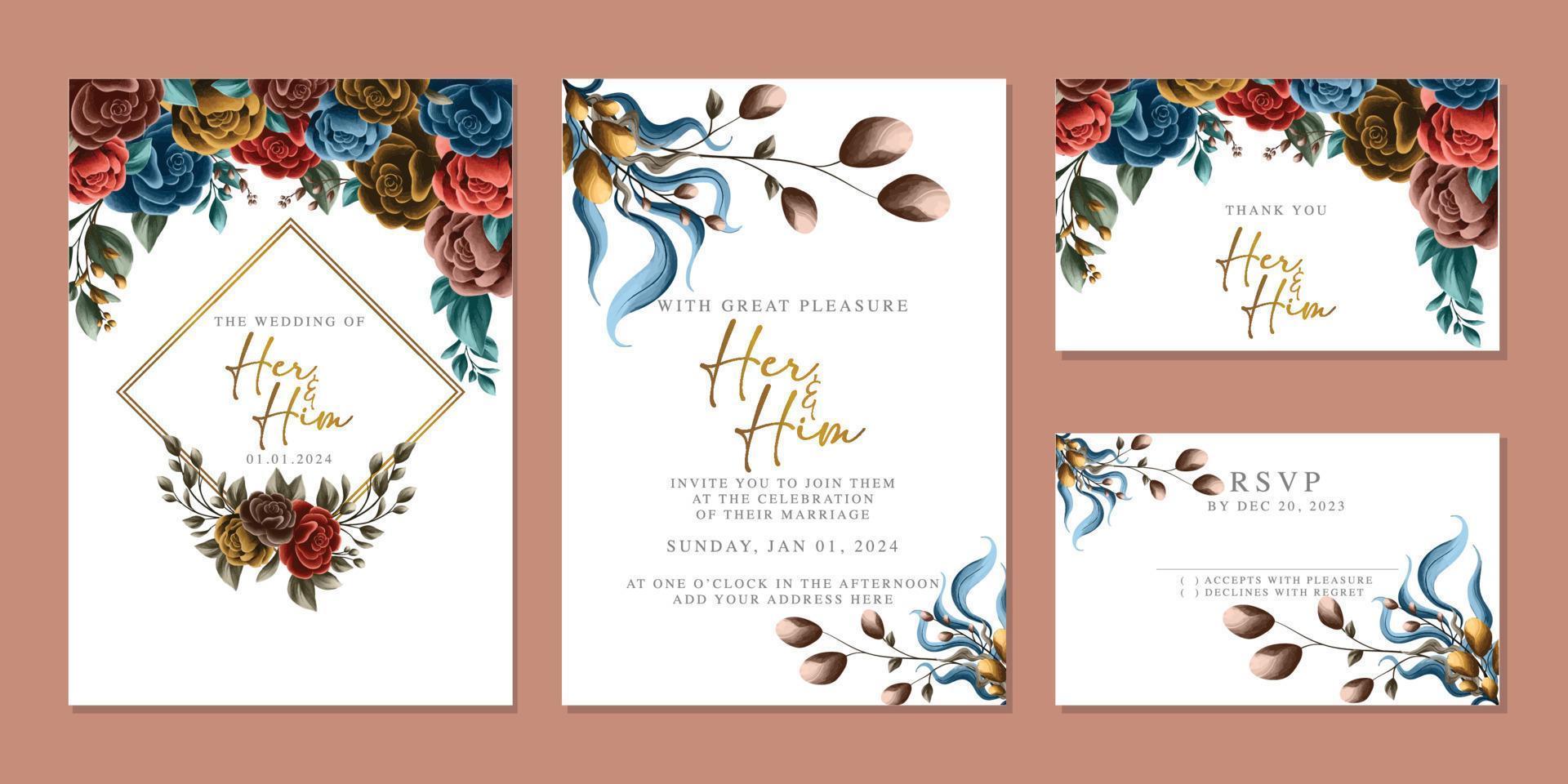 plantilla de fondo de tarjeta de invitación de boda de flores hermosas de lujo vector