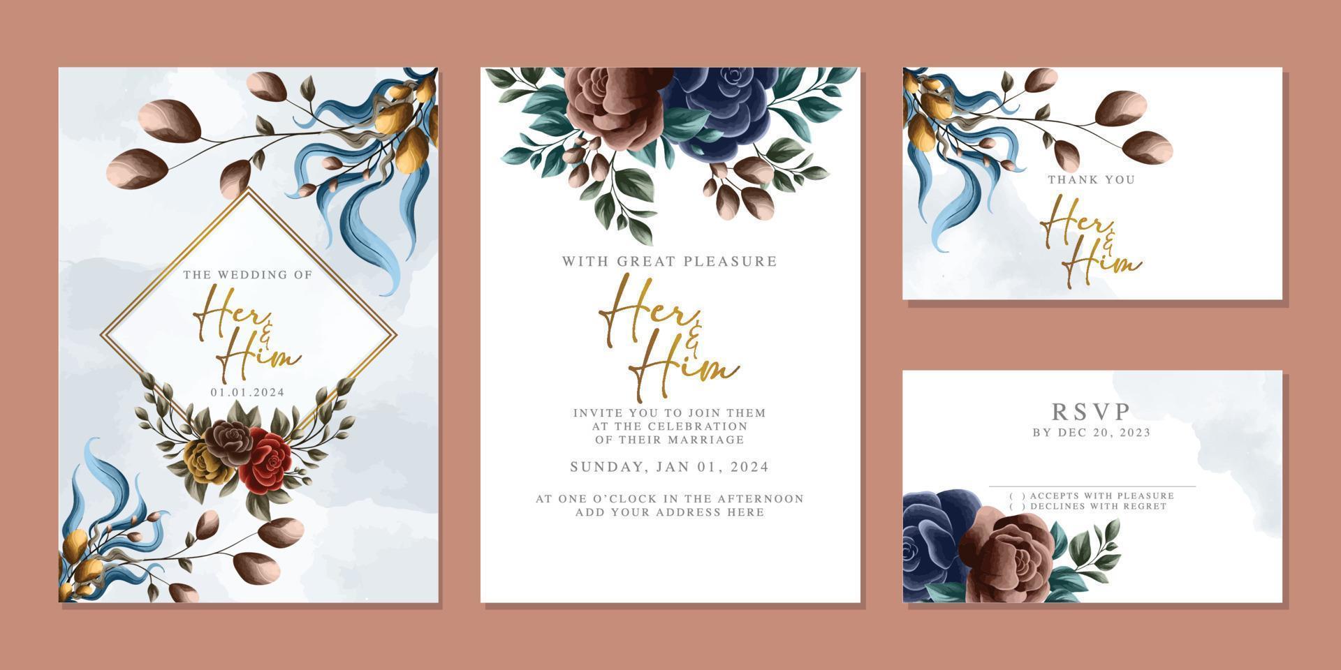 plantilla de fondo de tarjeta de invitación de boda de flores hermosas de lujo vector