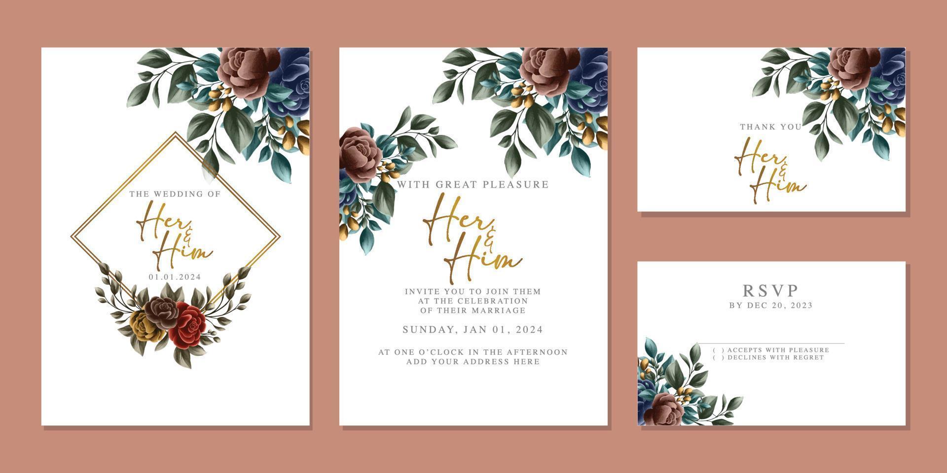 plantilla de fondo de tarjeta de invitación de boda de flores hermosas de lujo vector