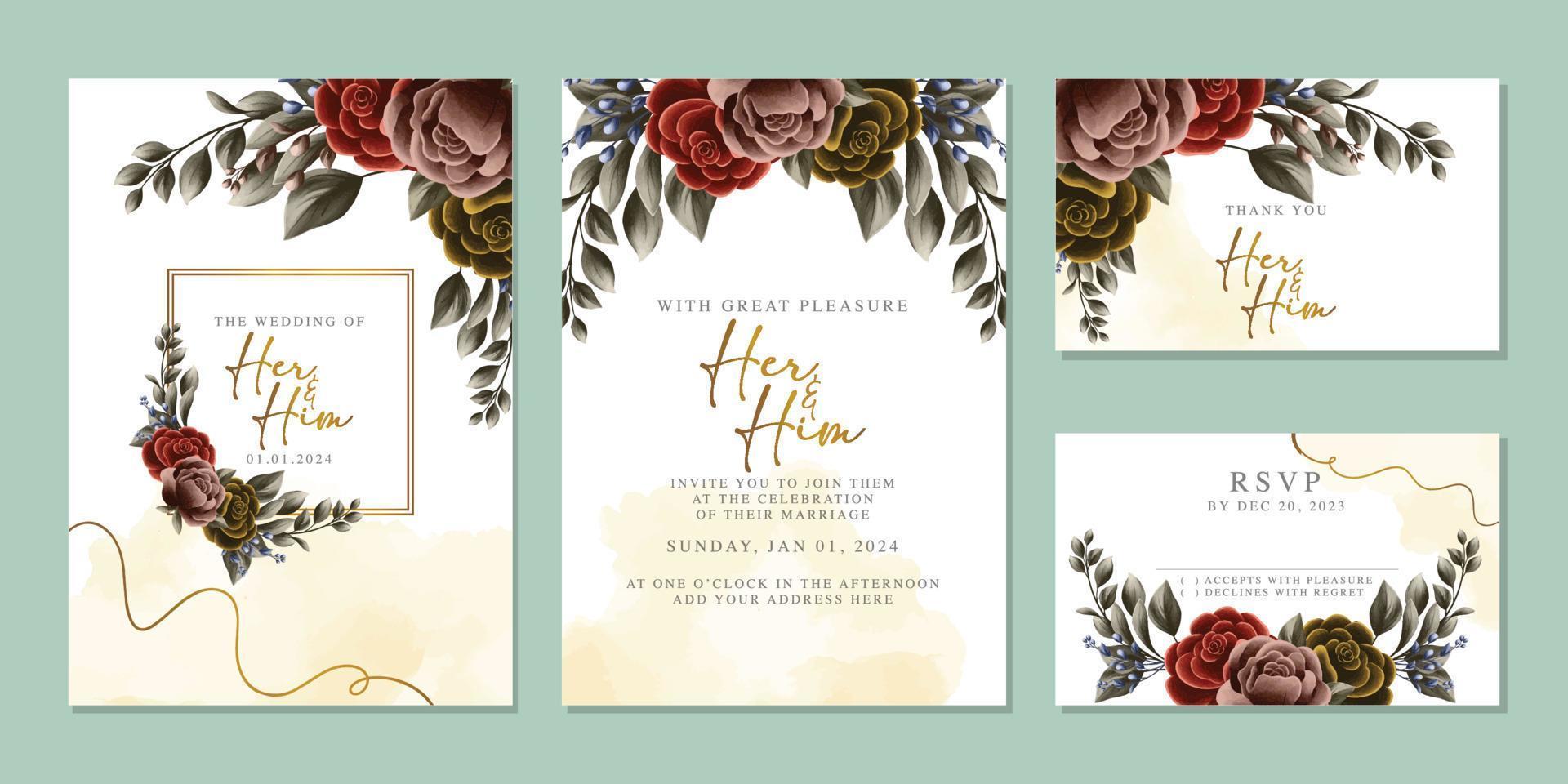 plantilla de fondo de tarjeta de invitación de boda de flores hermosas de lujo vector