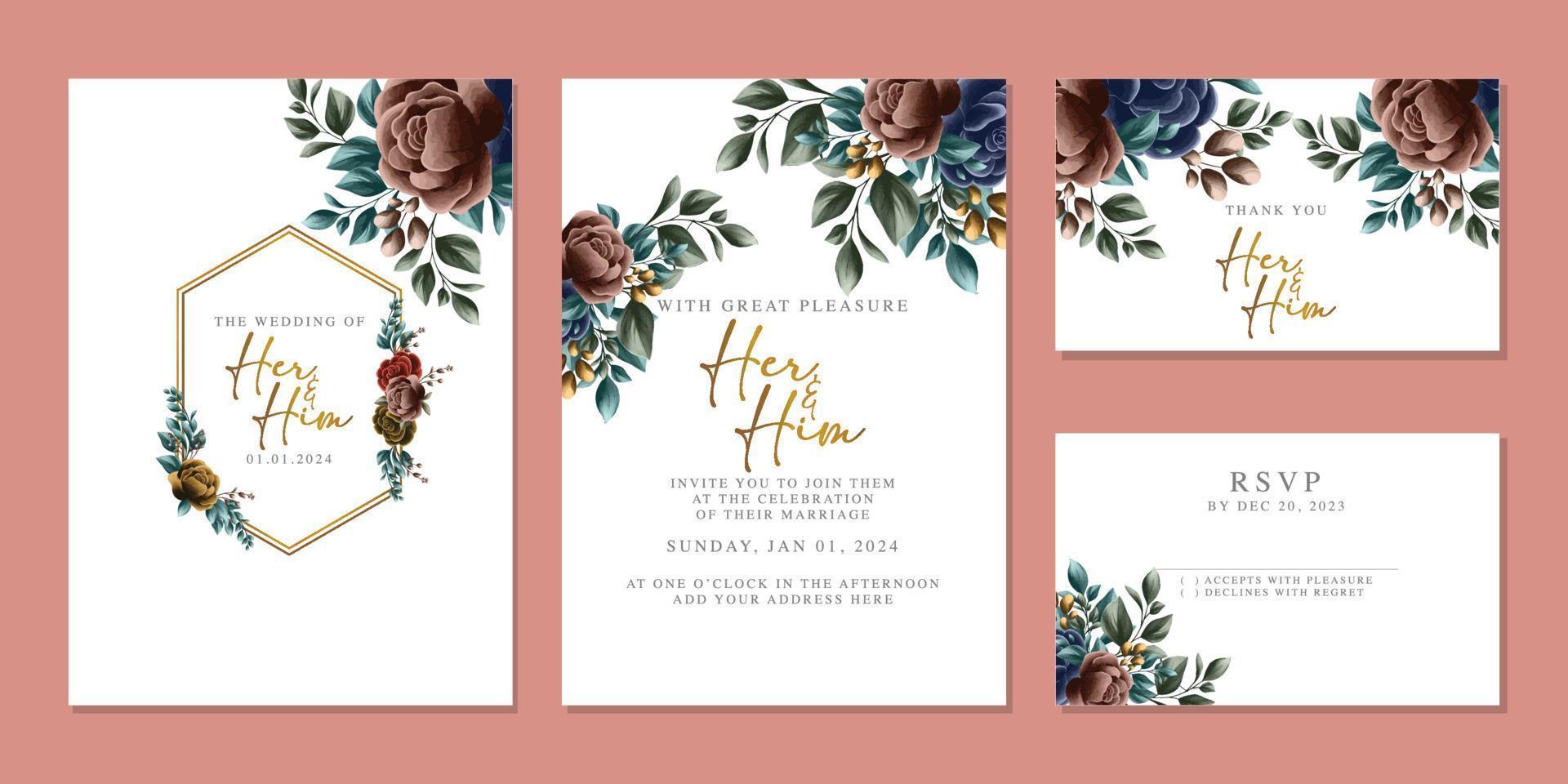 Luxury beautiful flowers wedding invitation card background template vector