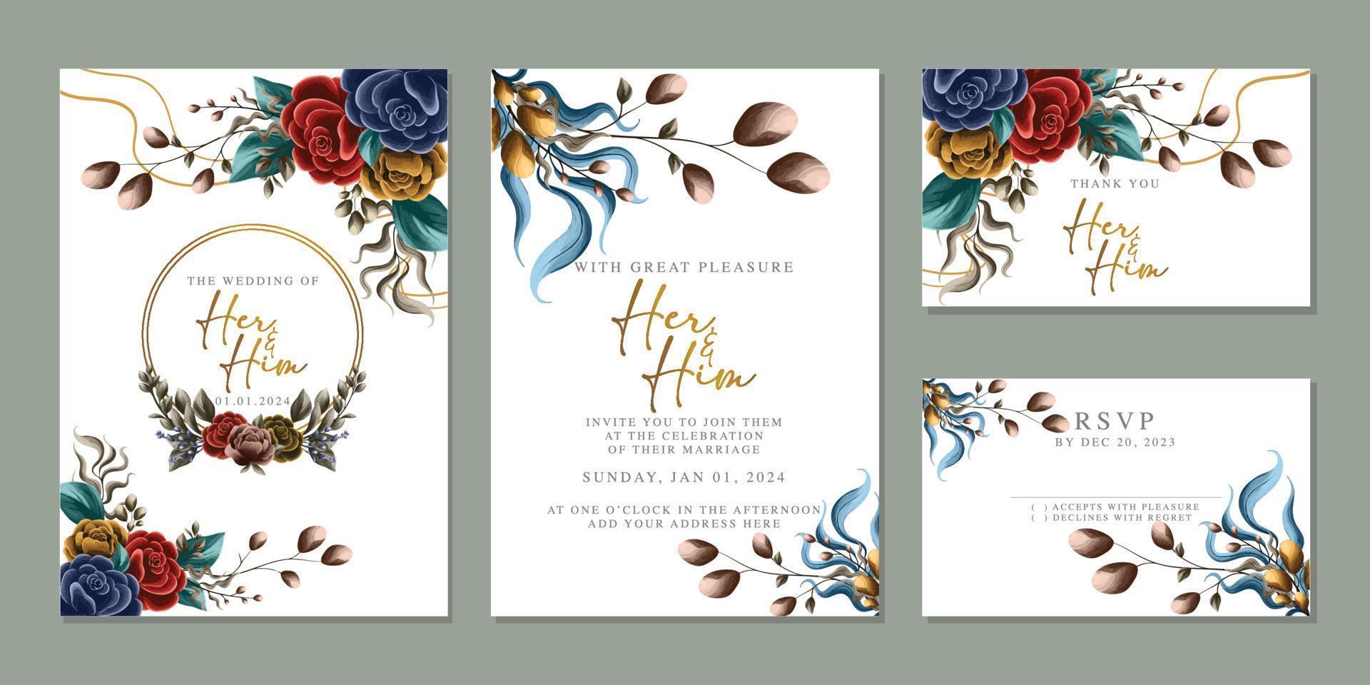 Luxury beautiful flowers wedding invitation card background template vector