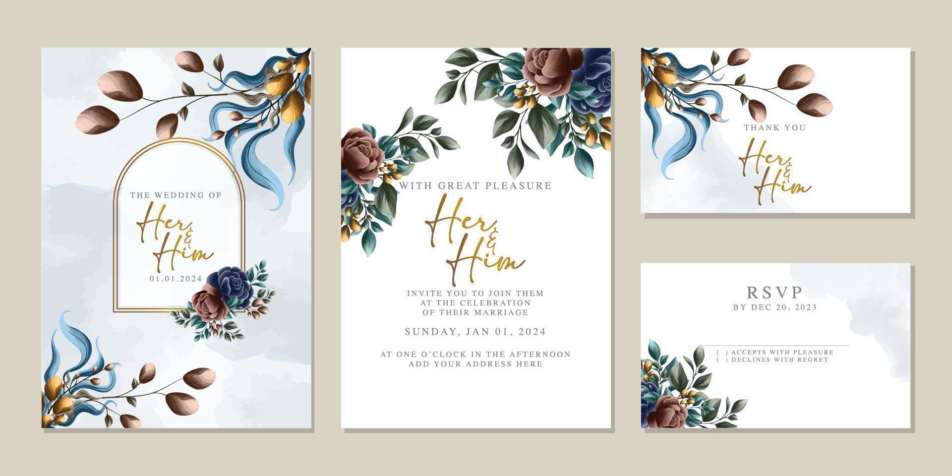 plantilla de fondo de tarjeta de invitación de boda de flores hermosas de lujo vector