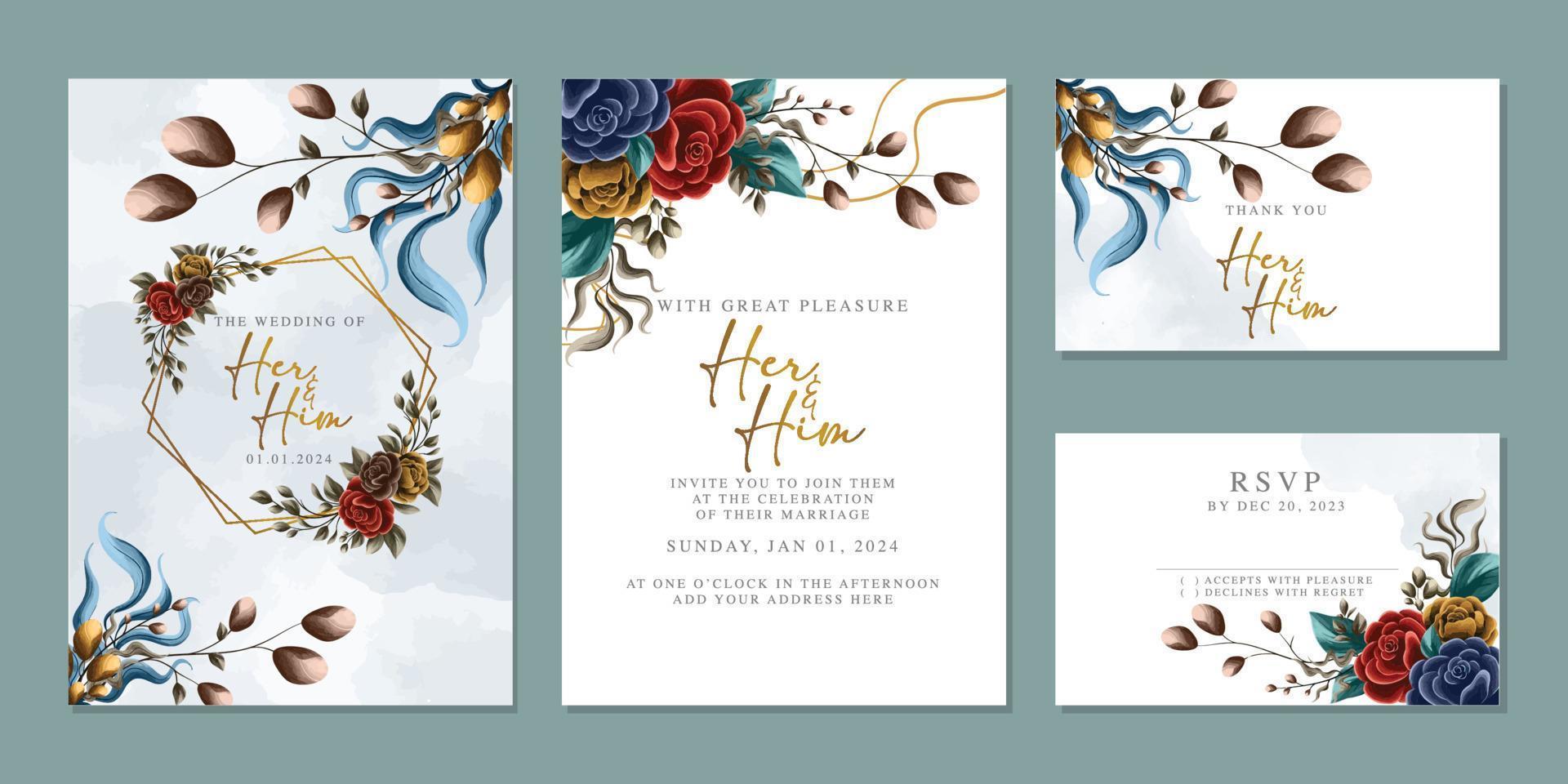 plantilla de fondo de tarjeta de invitación de boda de flores hermosas de lujo vector