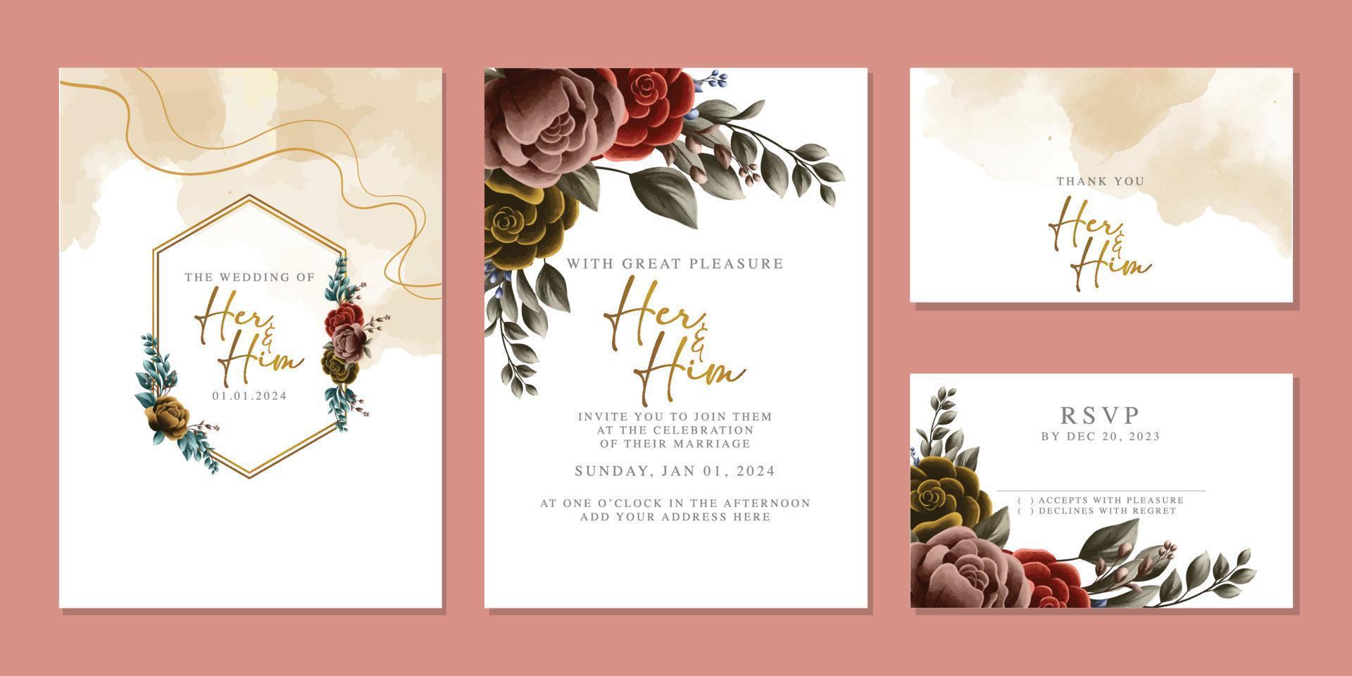 plantilla de fondo de tarjeta de invitación de boda de flores hermosas de lujo vector