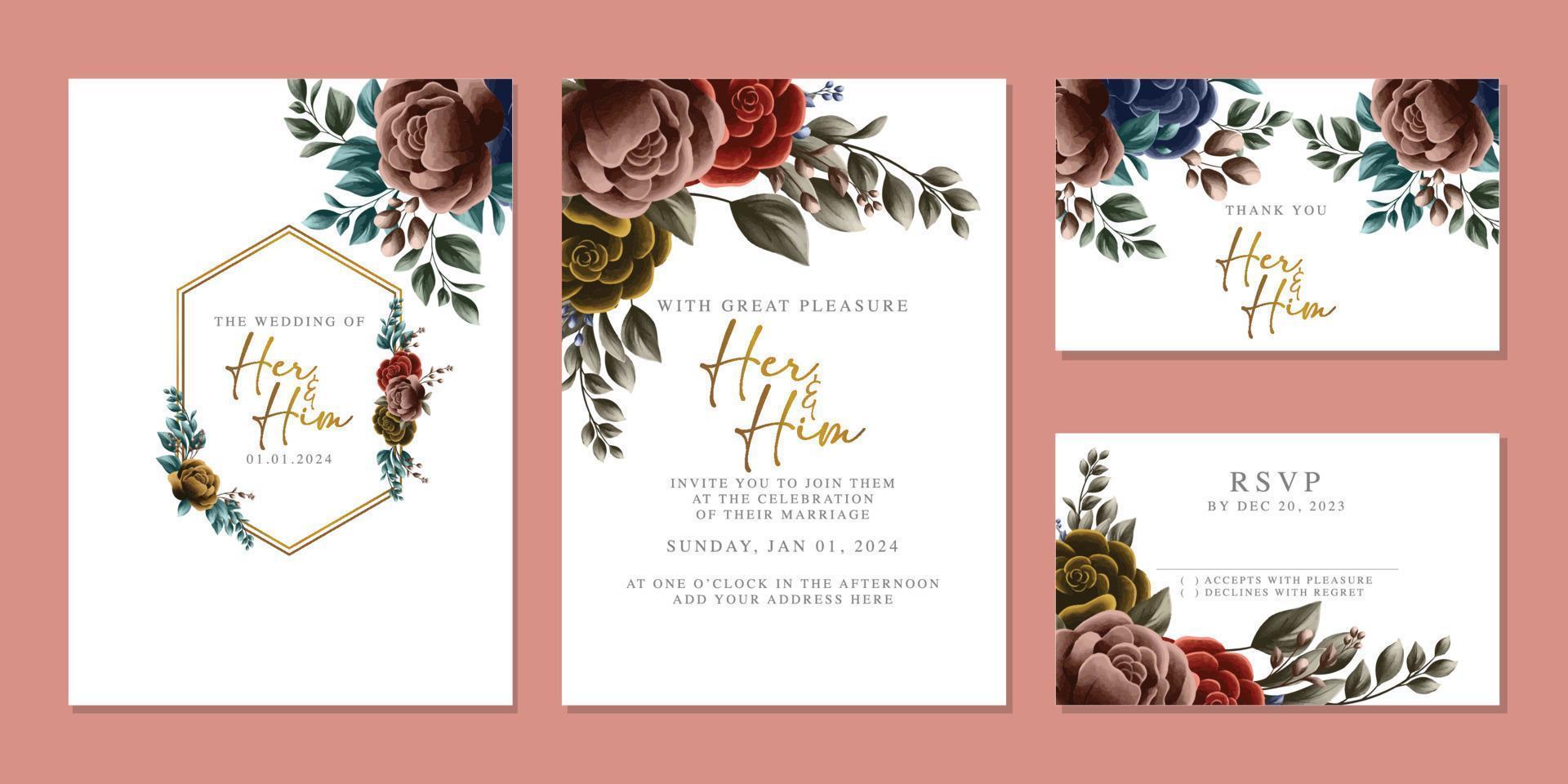 Luxury beautiful flowers wedding invitation card background template vector