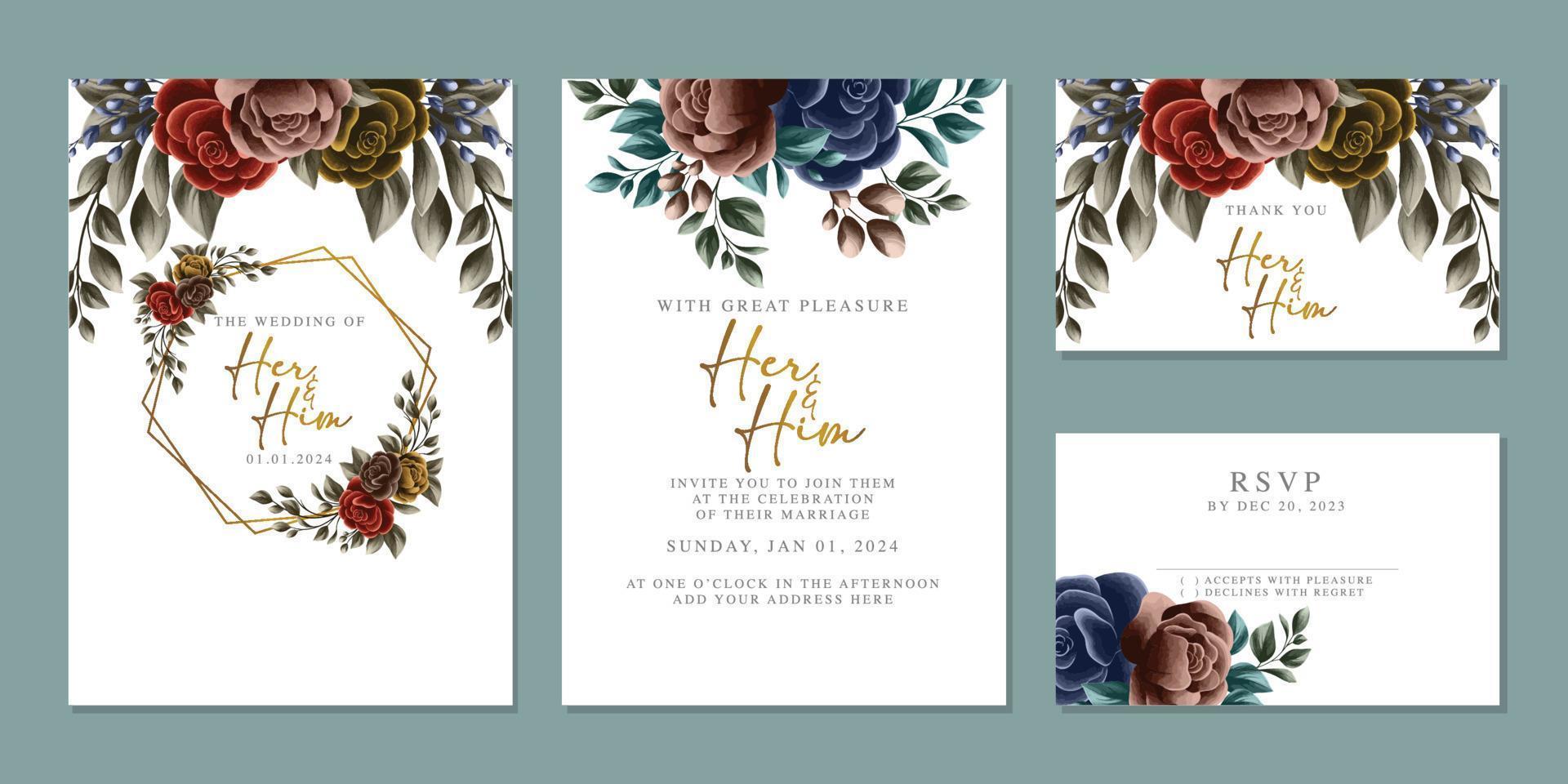 Luxury beautiful flowers wedding invitation card background template vector