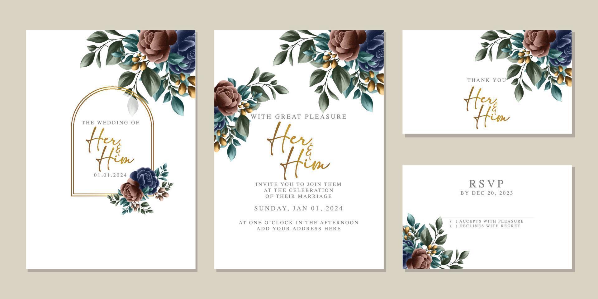 Luxury beautiful flowers wedding invitation card background template vector