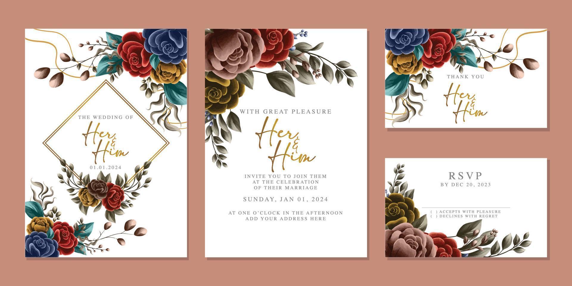 plantilla de fondo de tarjeta de invitación de boda de flores hermosas de lujo vector