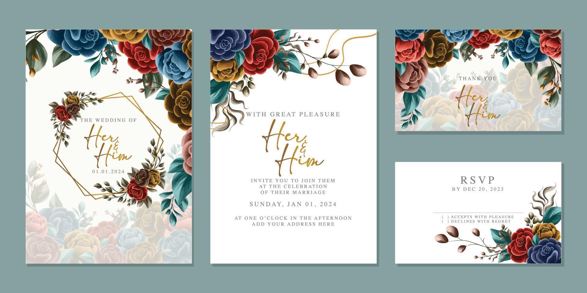 plantilla de fondo de tarjeta de invitación de boda de flores hermosas de lujo vector