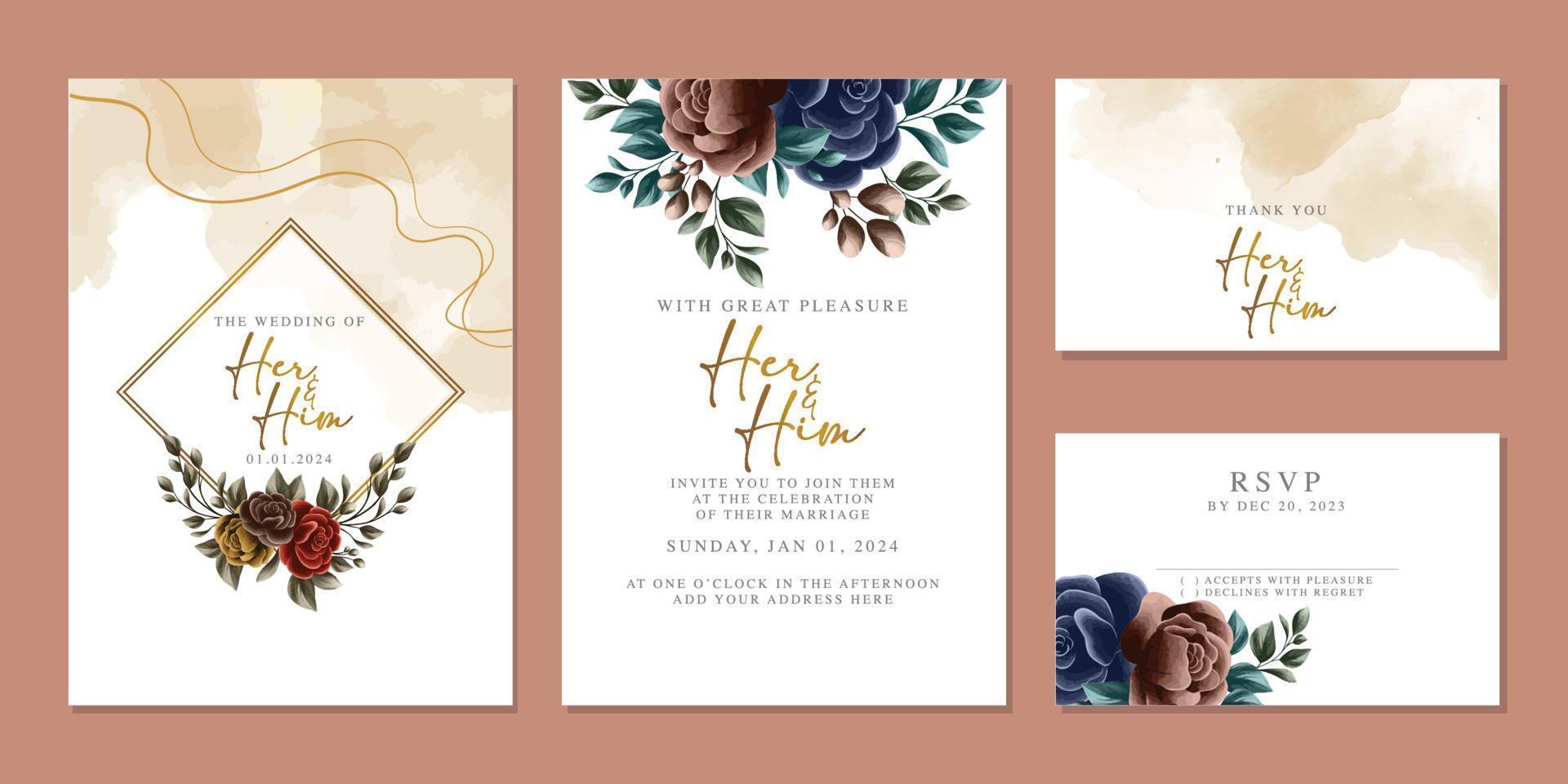 plantilla de fondo de tarjeta de invitación de boda de flores hermosas de lujo vector