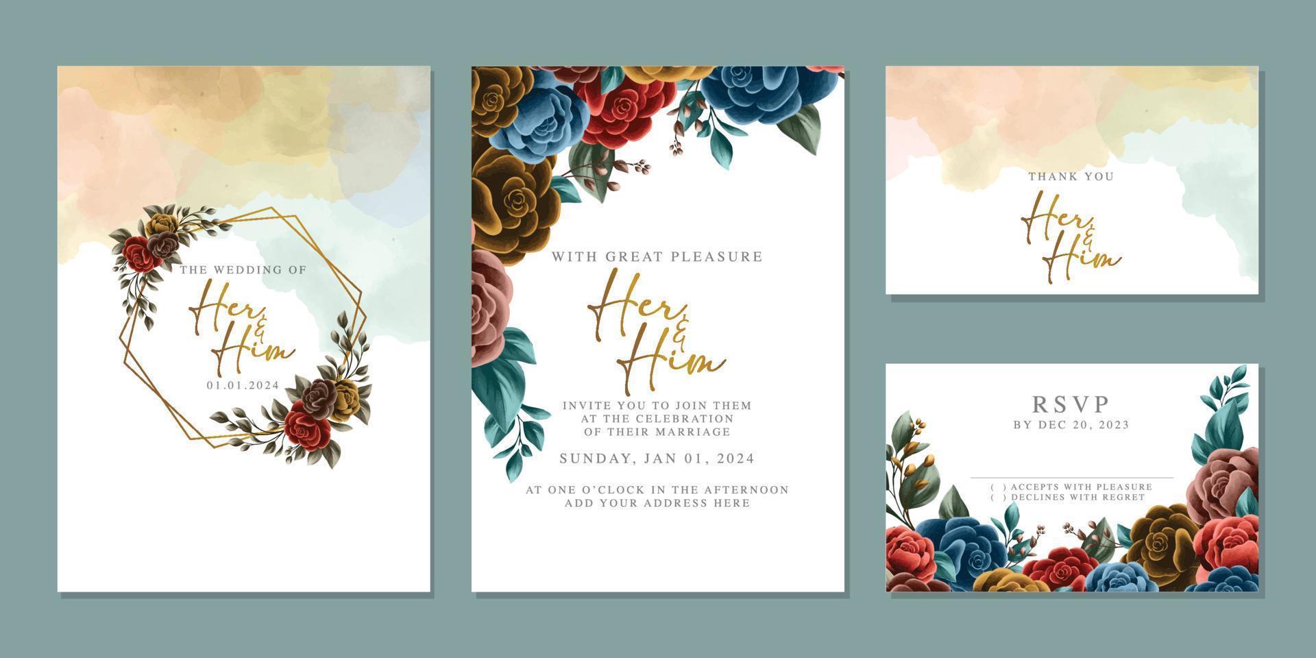 Luxury beautiful flowers wedding invitation card background template vector