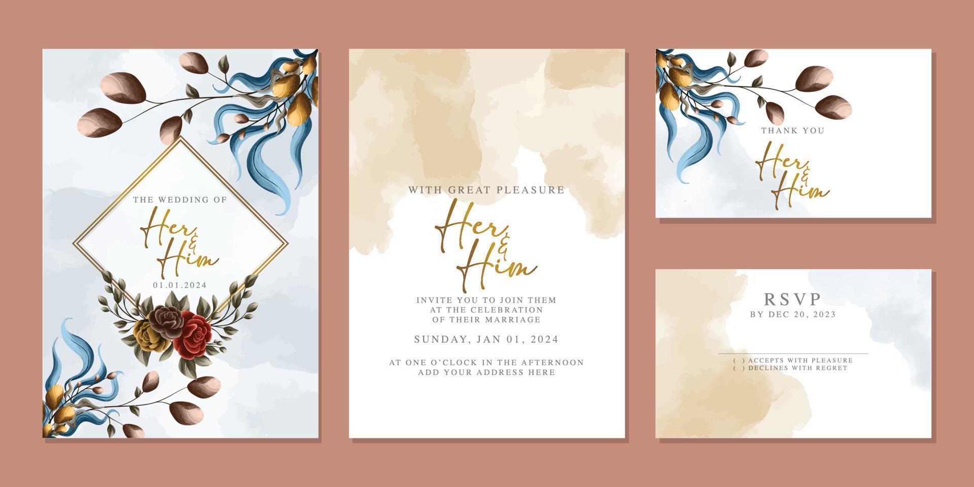 plantilla de fondo de tarjeta de invitación de boda de flores hermosas de lujo vector