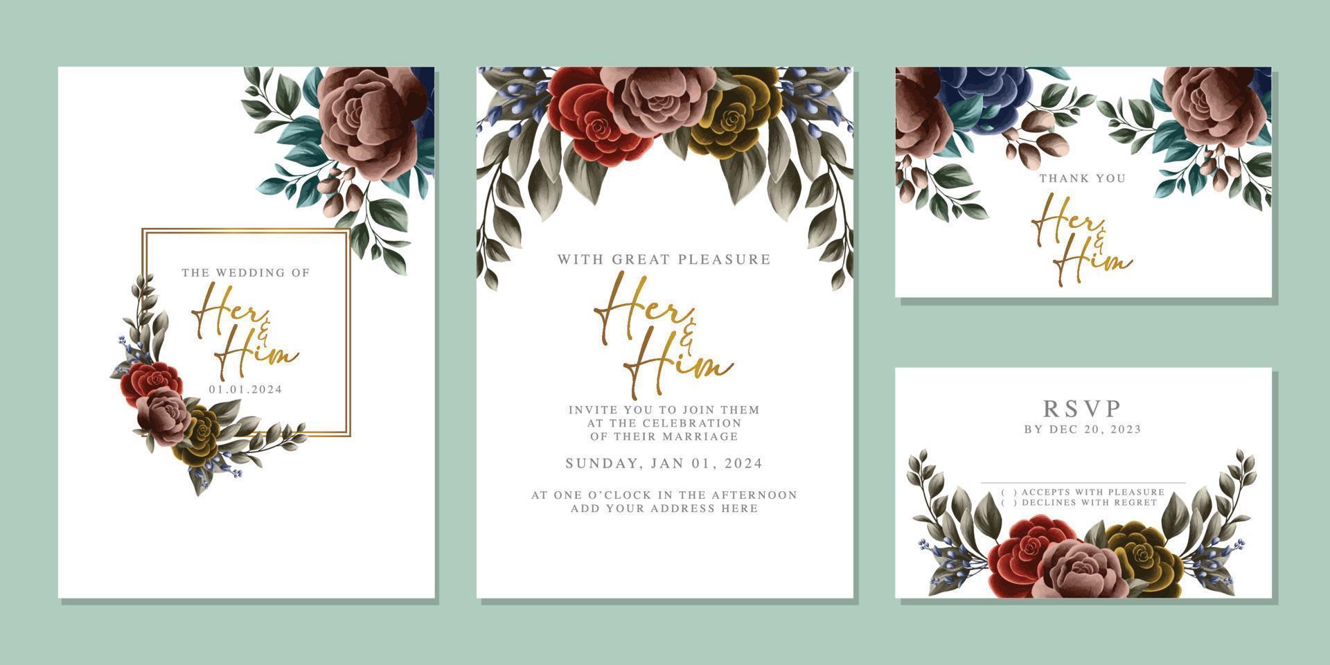 Luxury beautiful flowers wedding invitation card background template vector